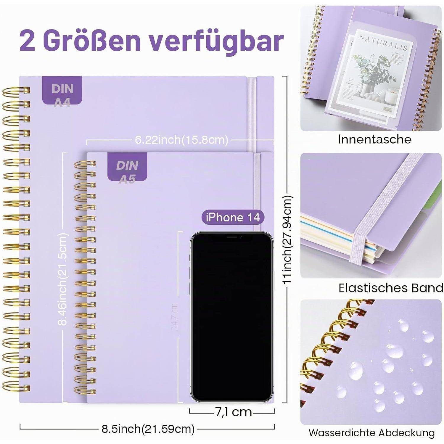 Violette Spiralblöcke in zwei Größen gezeigt, DIN A4 und DIN A5, mit innerer Tasche, Gummiband, wasserfestem Umschlag und iPhone 14 zur Größenangabe.