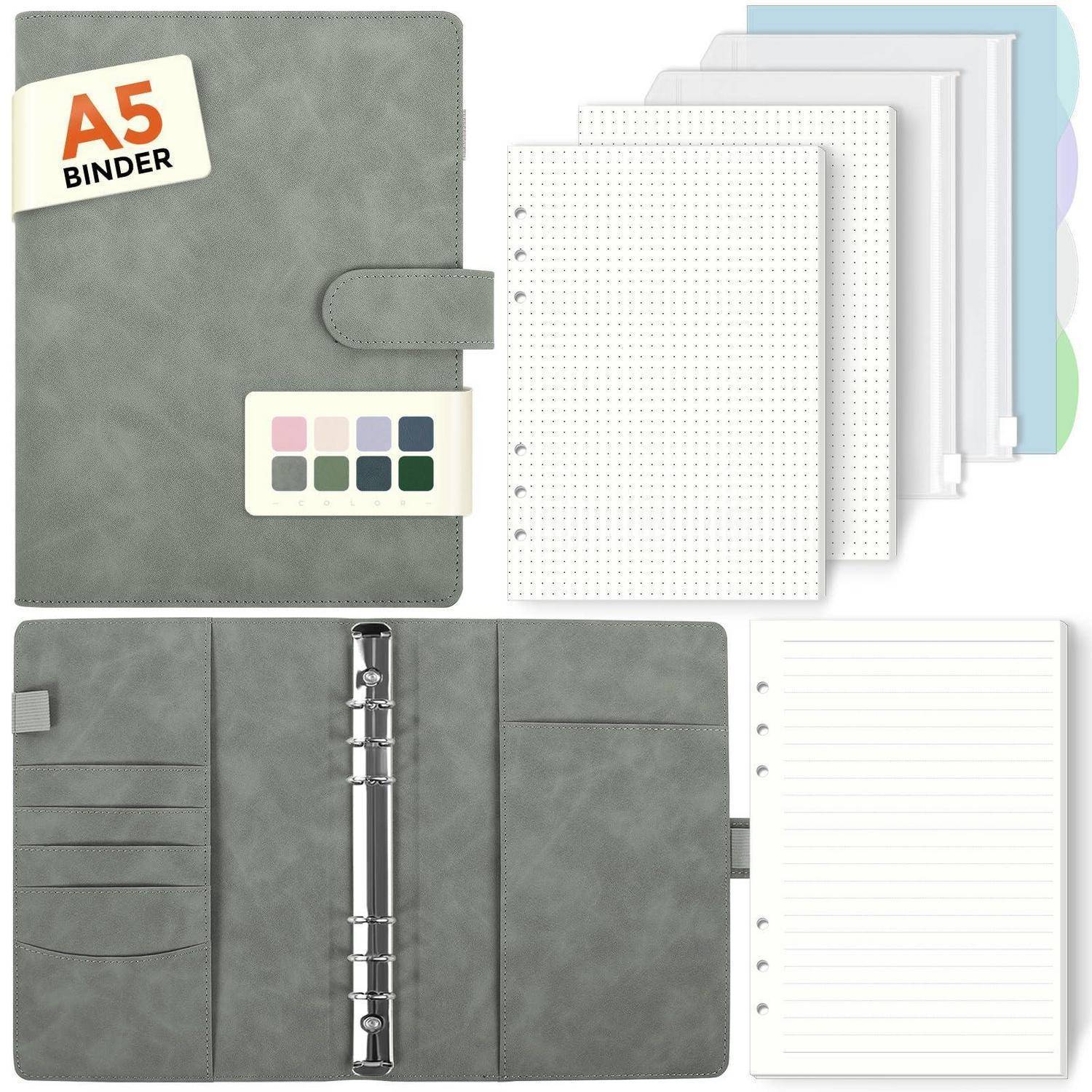 Grauer A5-Binderorganizer mit Druckknopfverschluss und Farbmustern, geöffnet mit Metallringen, linierten und gepunkteten Nachfüllseiten und Kunststofftrennblättern.