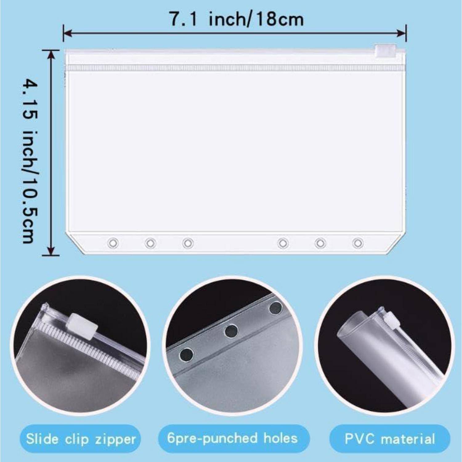 Diagramm einer transparenten PVC-Reißverschlusstasche, 7,1 mal 4,15 Zoll, mit Schiebeclip-Reißverschluss und sechs gestanzten Löchern in Detailansichten dargestellt.