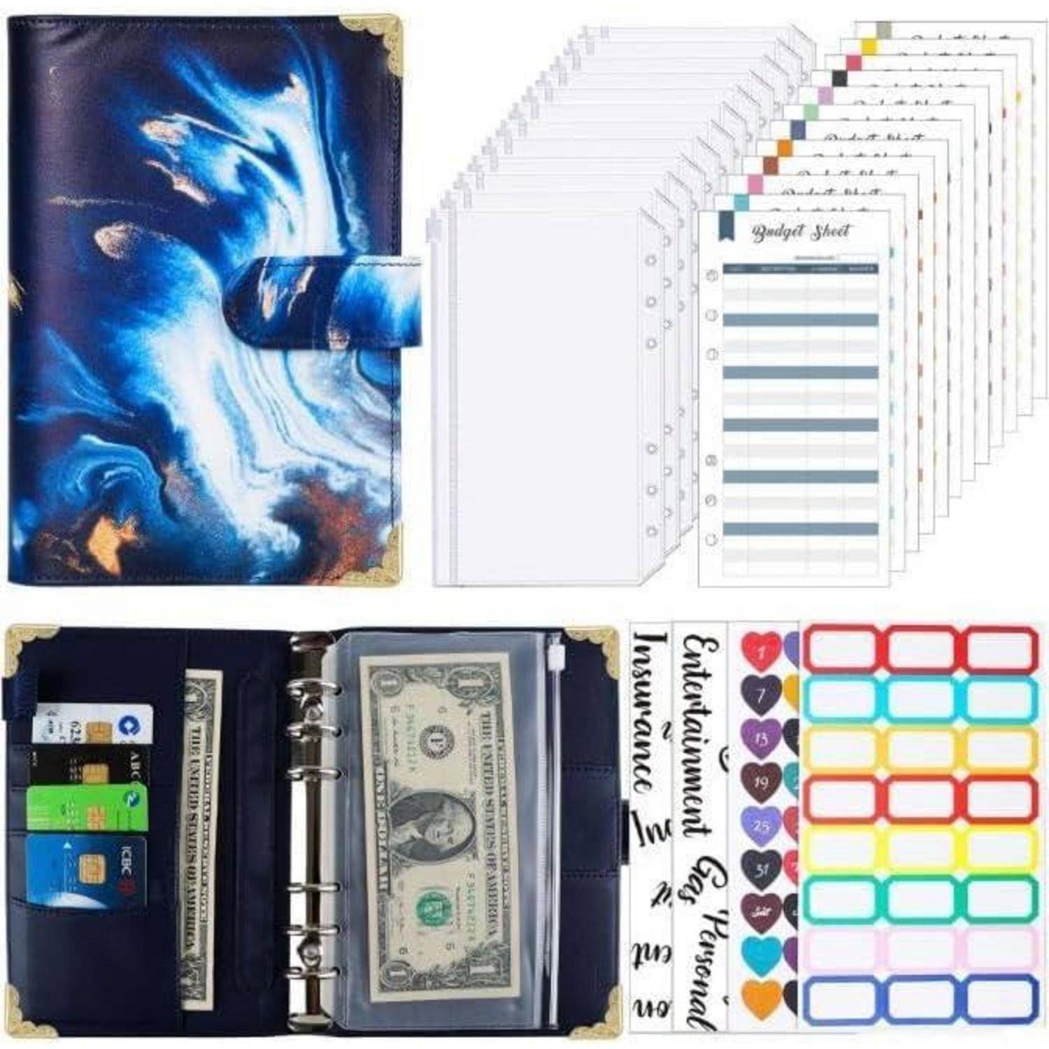 Disc-Gebundenes Budget-Planerset mit blauem Marmor-Umschlag, Nachfüllseiten, Budget-Blätter, Bargeldtasche, Kartenhalter und farbenfrohen Etiketten/Aufklebern.