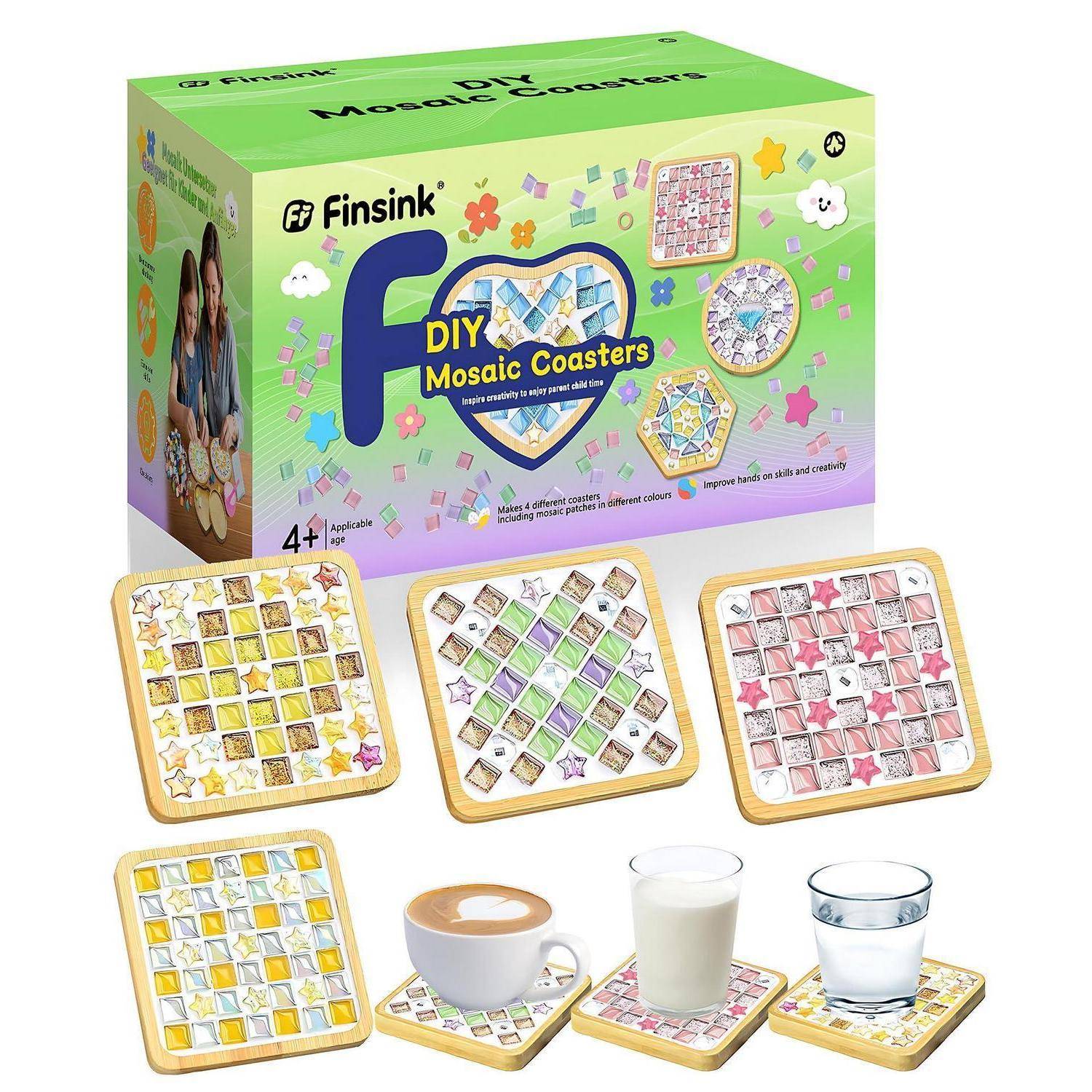 Finsink DIY Mosaic-Untersetzer-Bastelset mit vier fertigen quadratischen Untersetzern und Beispielgetränken, das ein dekoratives Mosaik-Aktivitätsset für Kinder zeigt.