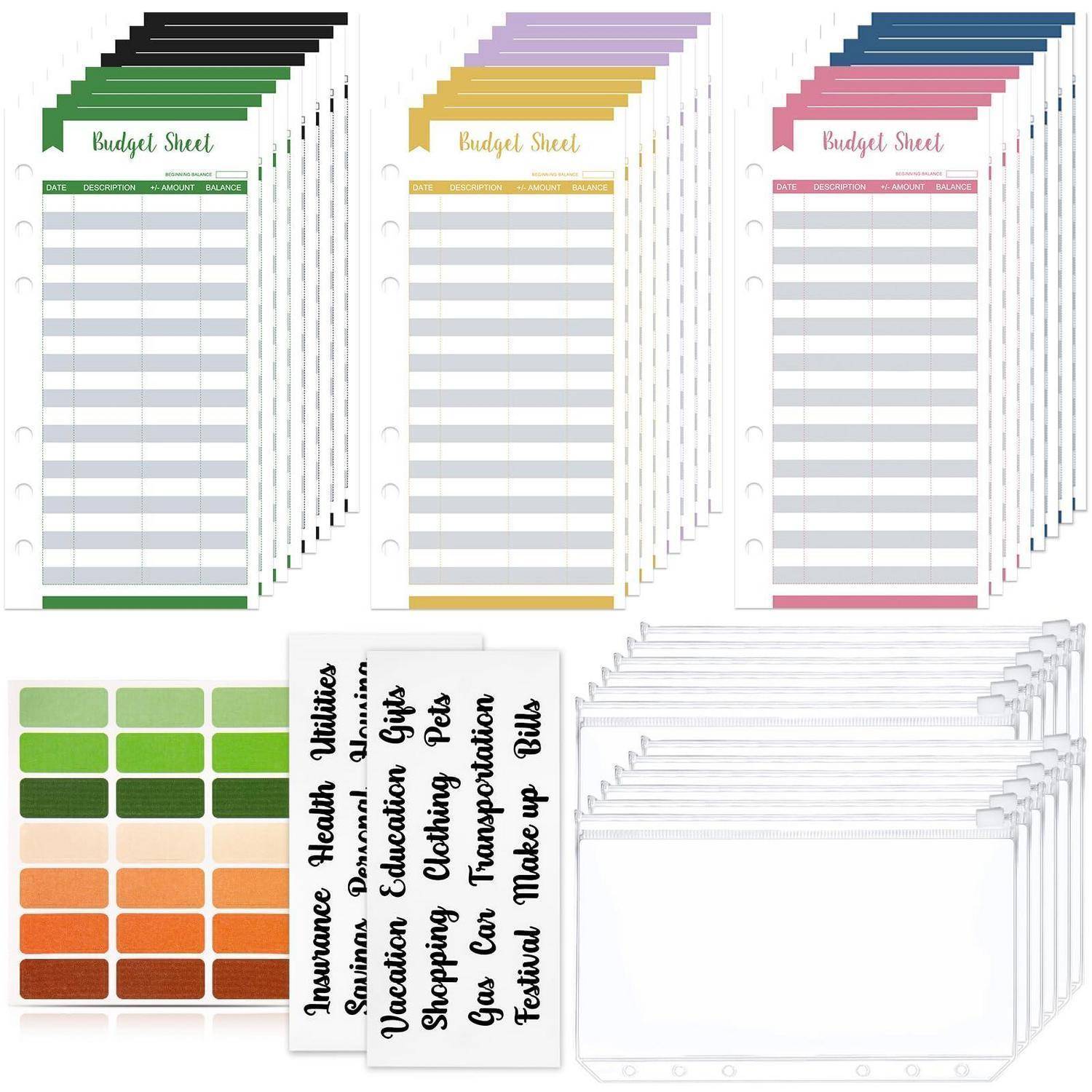 Collage von Budget-Planer-Zubehör: drei farbige „Budget Sheet