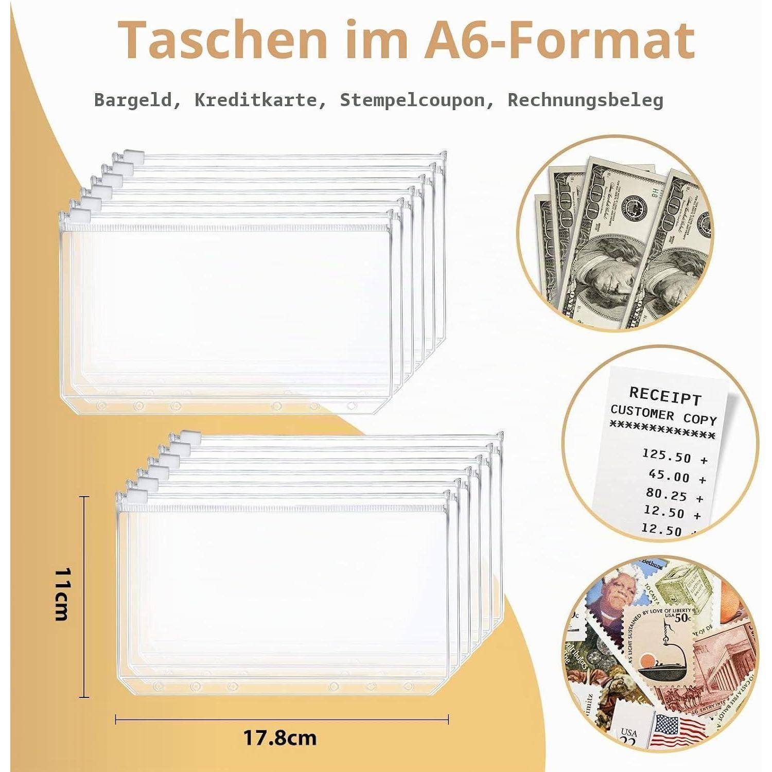 Diagramm mit A6-Format-Taschen; Abmessungen 17,8 cm x 11 cm, für Bargeld, Kreditkarten, Gutscheine und Belege, mit abgebildeten Beispielen.