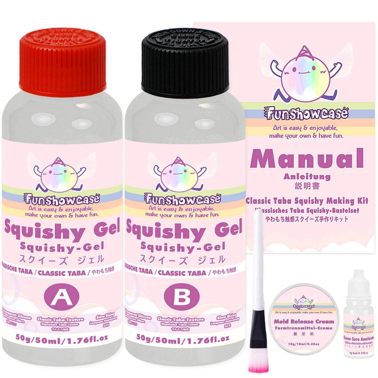 Zwei Flaschen Funshowcase Squishy Gel (A und B) mit Anleitung und Werkzeugen zur Herstellung von klassischen Taba-Squishy-Formen.