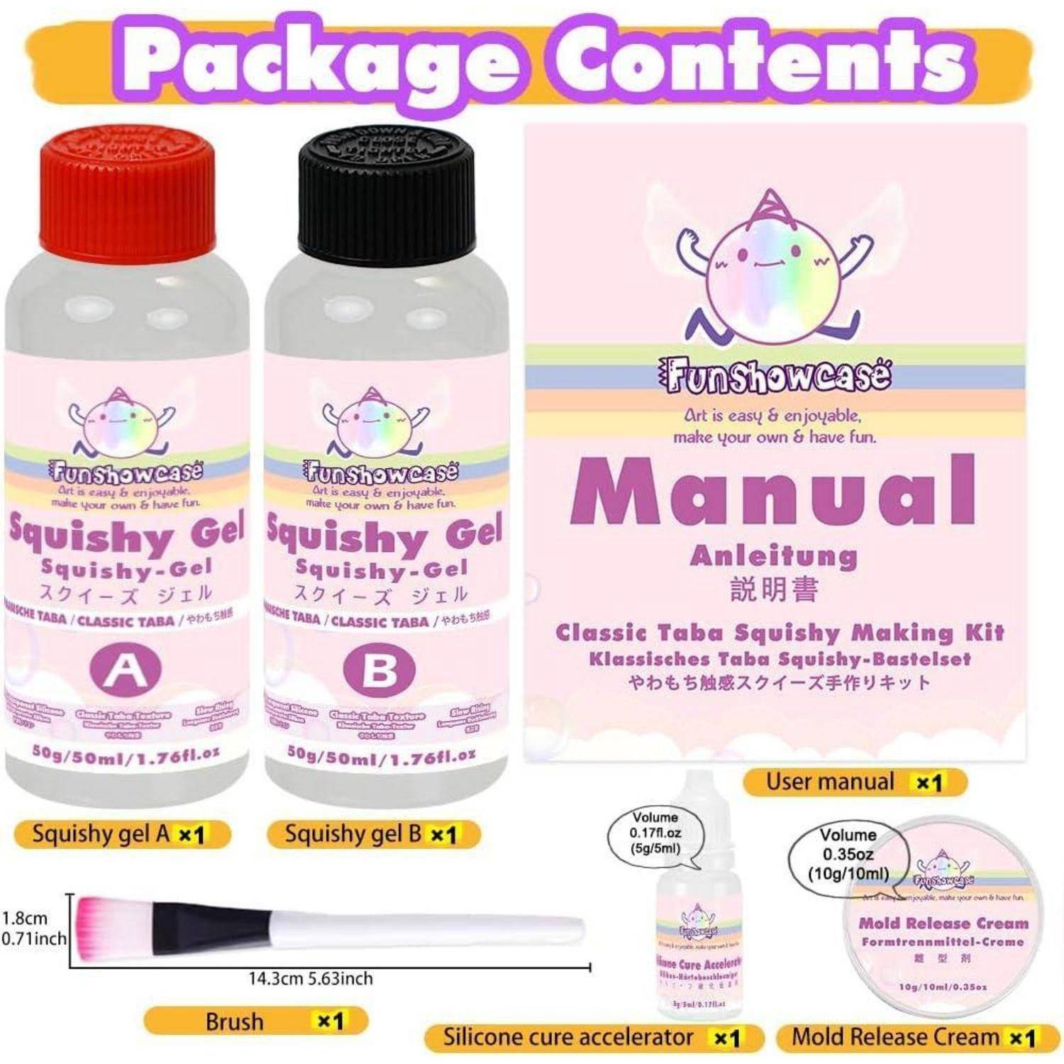 Packungsinhalt für ein FunShowcase Squishy Gel-Set: Gel A- und B-Flaschen, Benutzerhandbuch, Pinsel, Silikon-Härtungsbeschleuniger und Trennmittelcreme.