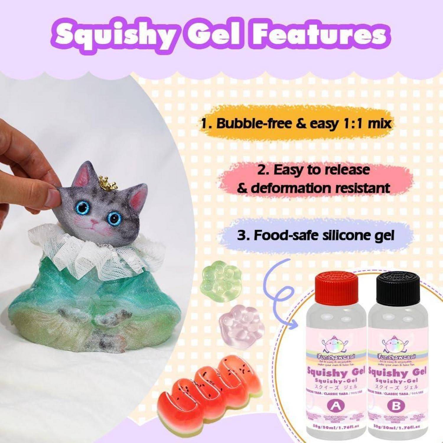 Werbegrafik für Squishy Gel mit folgenden Merkmalen: blasenfreie 1:1-Mischung, einfache Entformung und verformungsbeständig, lebensmittelgerechtes Silikon-Gel, mit Musterkatzen-Figur und Produktflaschen.