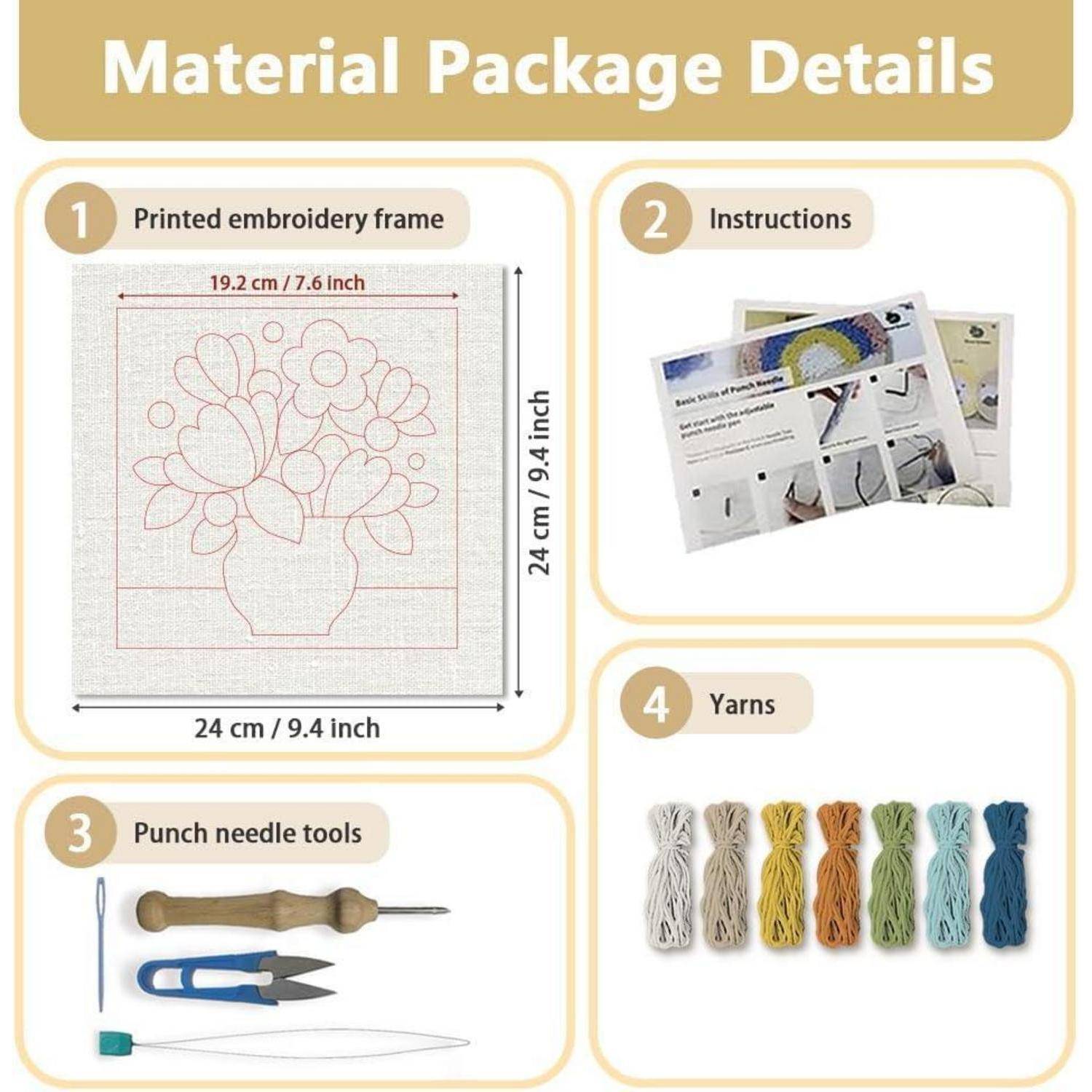 DOODLREAM Blumen In Vase DIY Punch Needle Stickset für Erwachsene und Anfänger 24cm Blumenstanzer Bastelset für Anfänger mit Rahmen Stoffmuster Ei