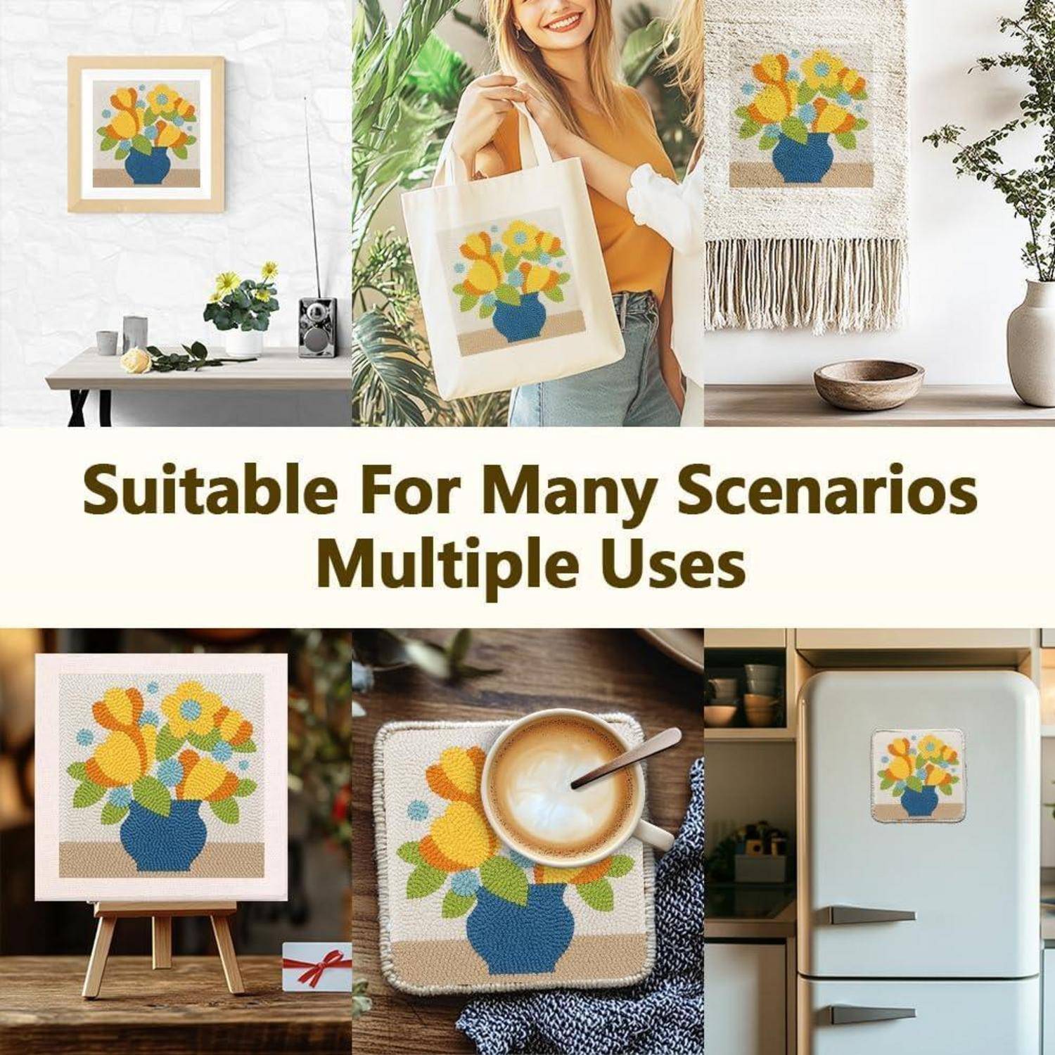 Collage mit einem Blumensträußen-Design, das auf Wandkunst, Stofftasche, Wandbehang, Untersetzer und Kühlschrankmagnet verwendet wird, mit dem Text „Geeignet für viele Szenarien – vielfältige Verwendungsmöglichkeiten