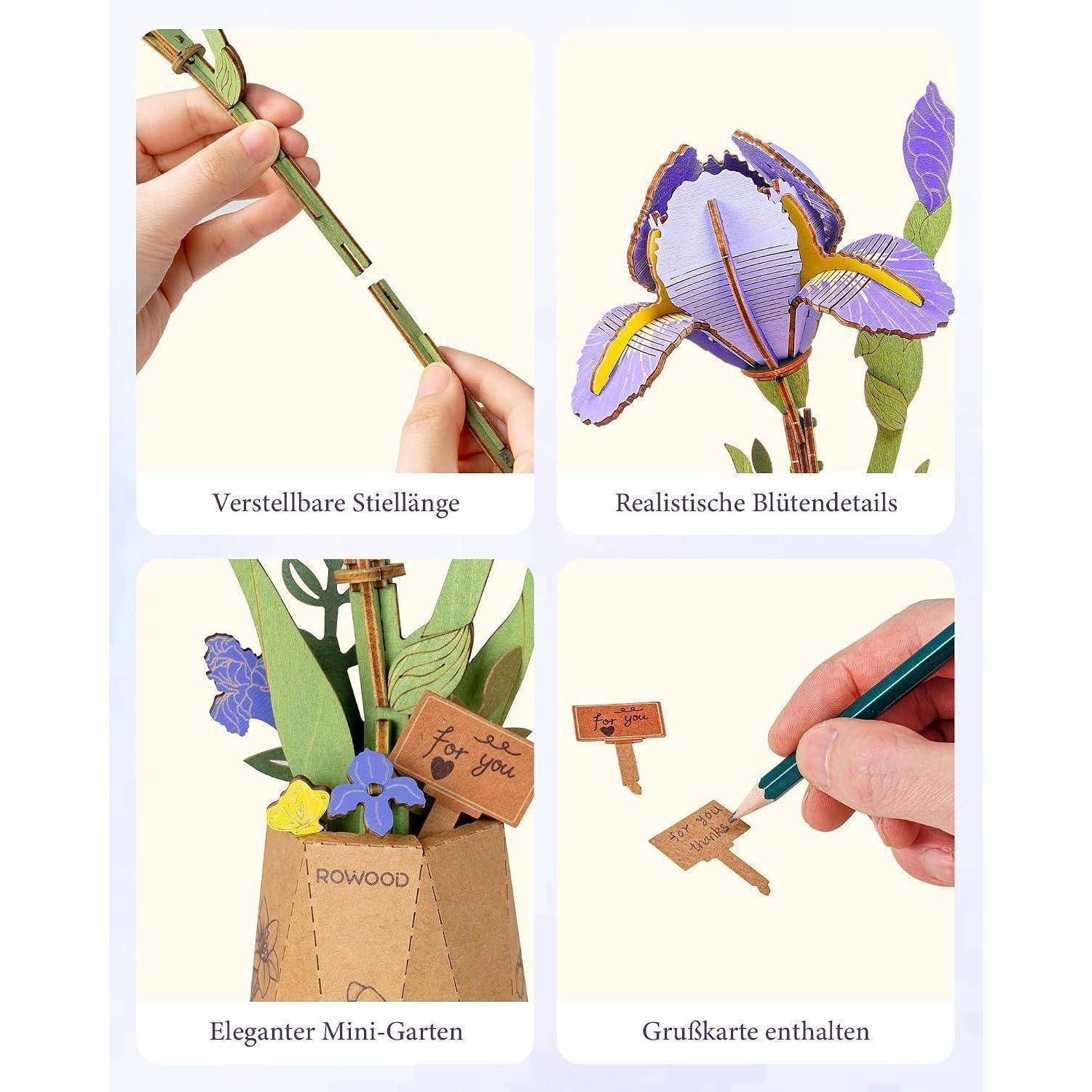 Vier-Panel-Produktbild einer hölzernen lila Blume: verstellbarer Stiel, realistische Blütenblätter, Mini-Blumenkübel-Stil-Display und eine kleine „Für dich