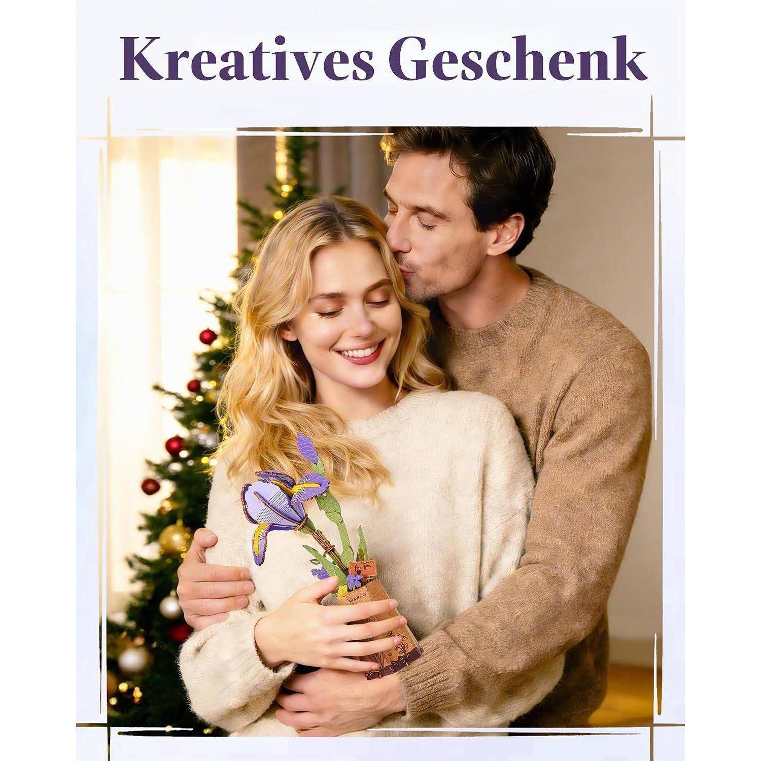 Paar, das sich umarmt neben einem Weihnachtsbaum und ein Blumenschenk hält; Text lautet „Kreatives Geschenk