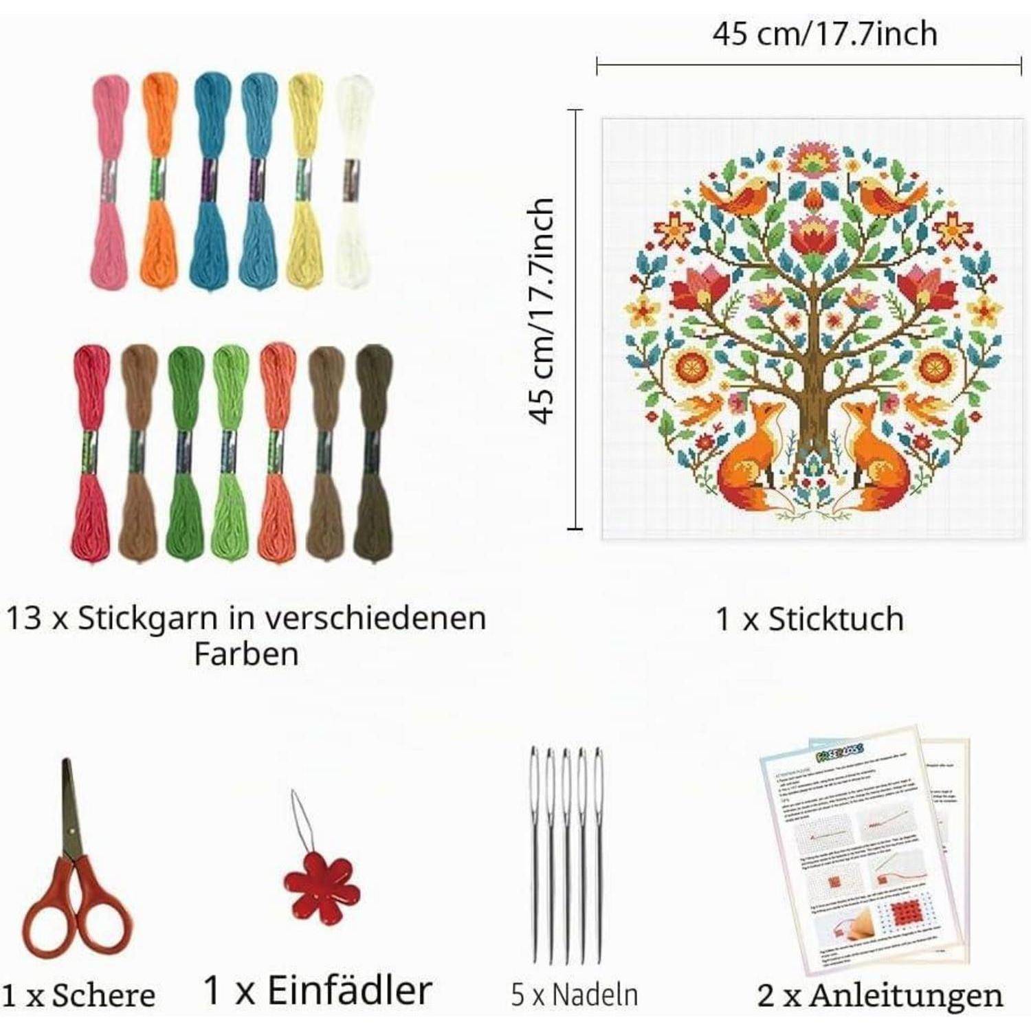 Inhalt des Sticksets shown: 13 farbenfrohe Garne, 45 cm Quadrat Baummotiv-Stoff, Schere, Fadeneinfädler, 5 Nadeln und 2 Anleitungsblätter.