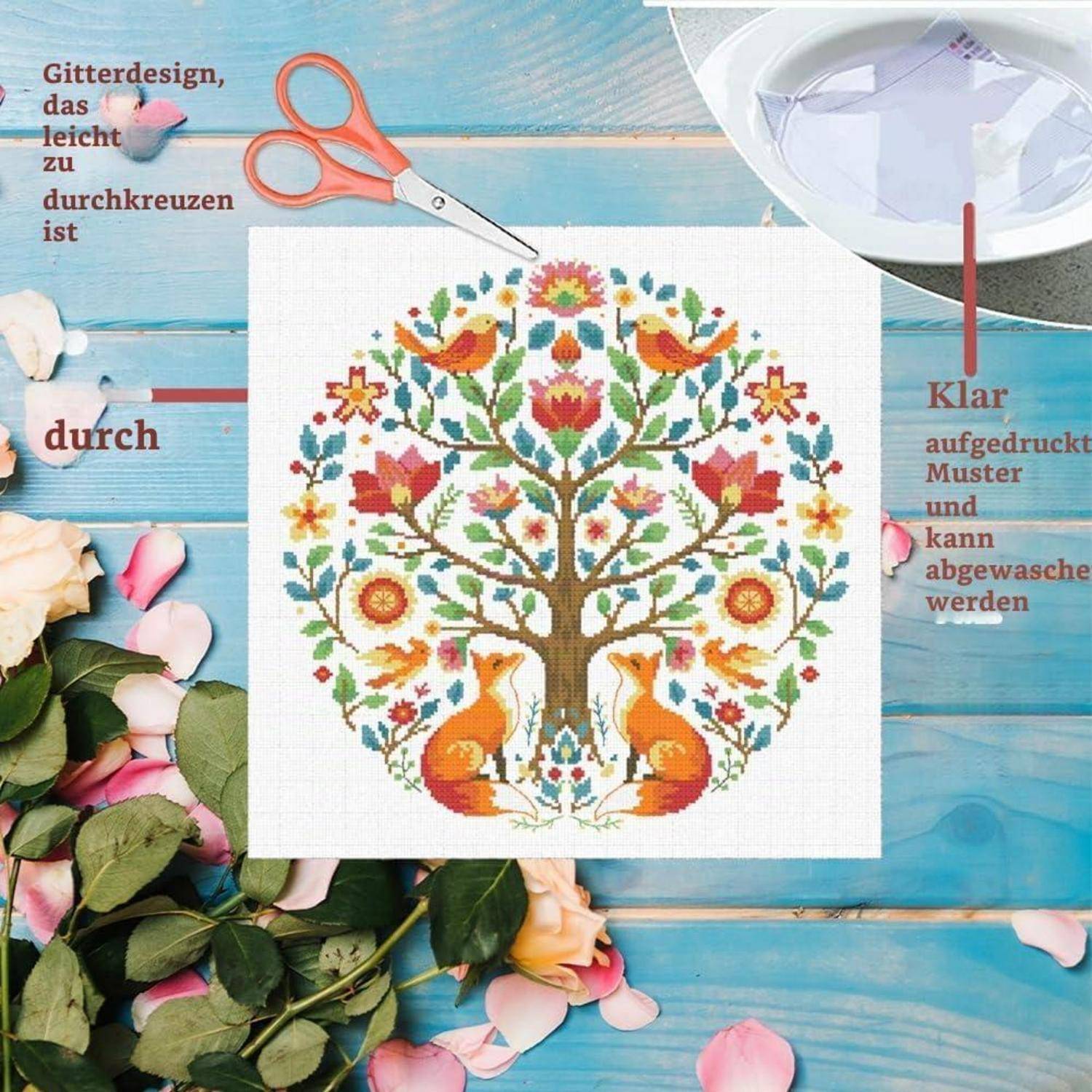 Stickereimuster auf weißem Stoff mit einem farbenfrohen Baum mit Vögeln und Füchsen, mit deutschem Text, der das klar gedruckte Muster und das waschbare Design notiert.