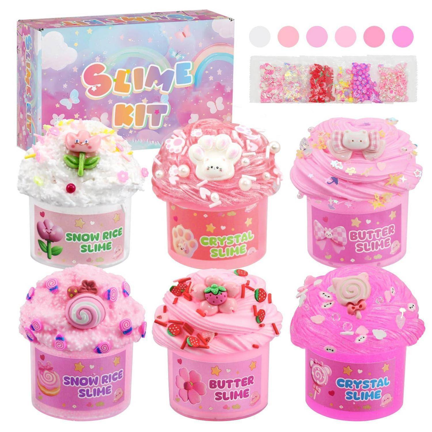 Bunte Schleim-Set-Verpackung mit sechs Gläsern rosafarbenem Schleim in verschiedenen Stilen, mit einer Schachtel und Muster-Farbmustern oben.