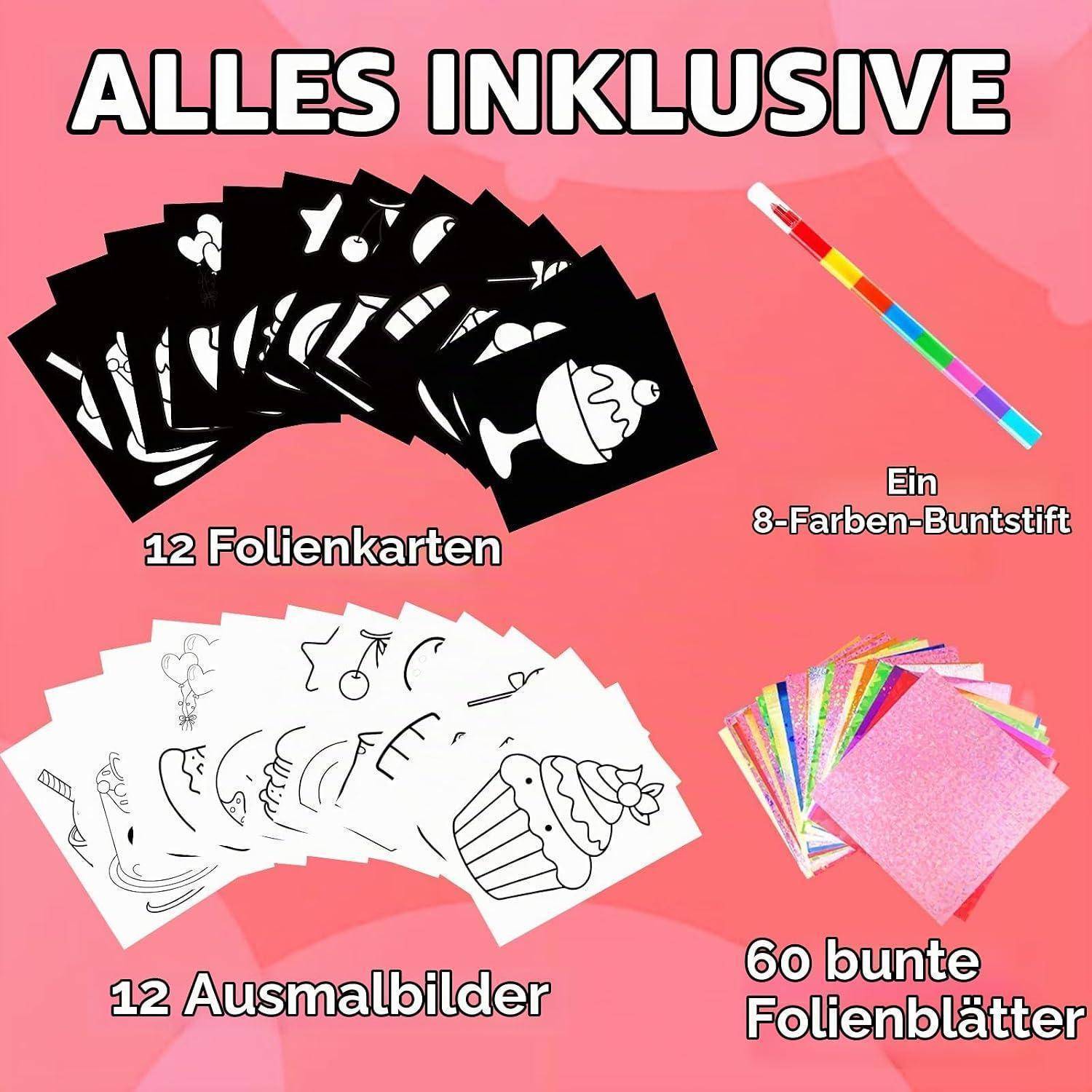 All-in-One-Kunstset mit 12 Filmkarten, 12 Malblättern, 60 farbigen Folienblättern und einem 8er-Farbstift auf rosafarbenem Hintergrund.