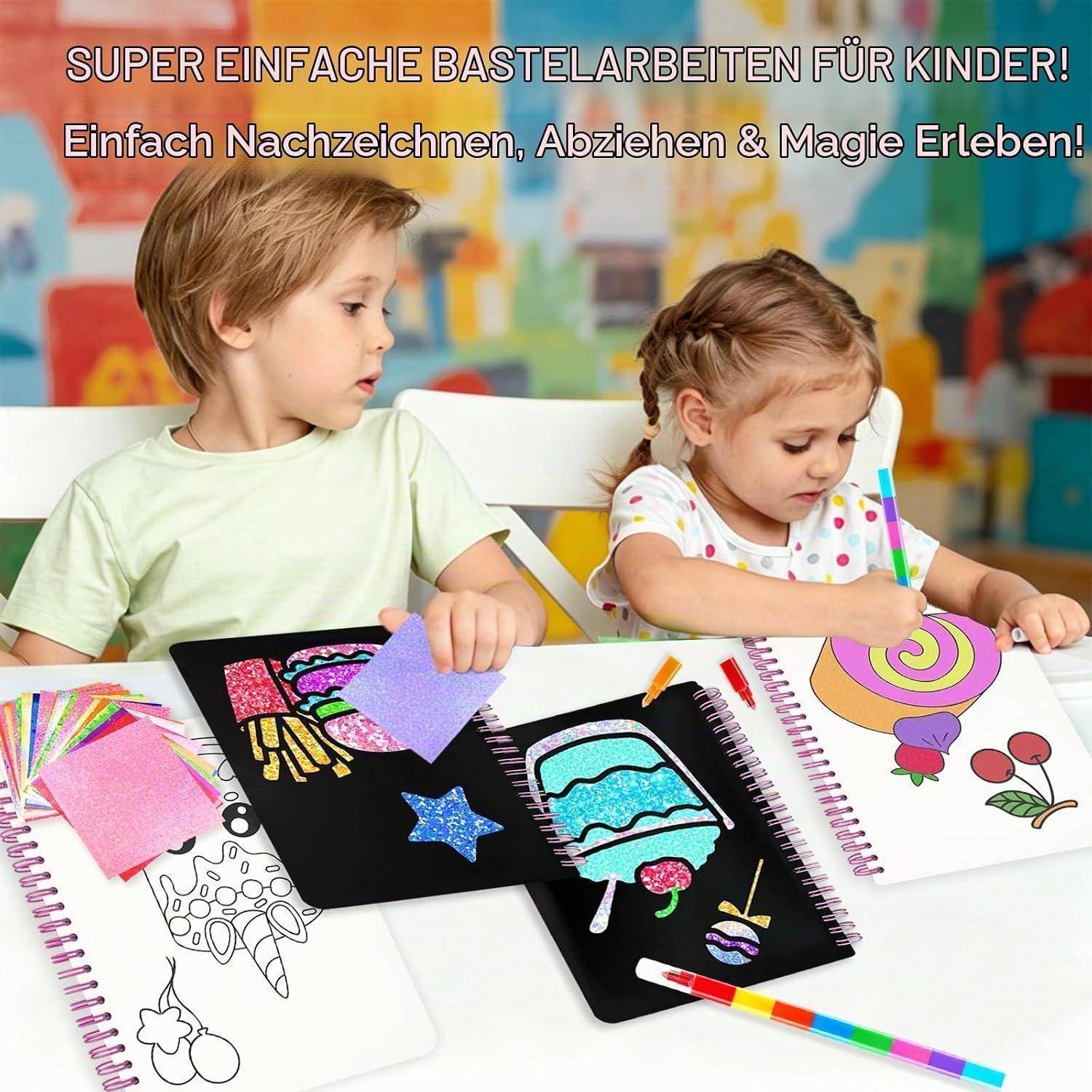 Zwei Kinder machen einfaches Basteln und Malen an einem Tisch mit Notizbüchern, Stiften und farbigem Papier; deutscher Text wirbt für einfaches Nachzeichnen, Ausschneiden und Magie.
