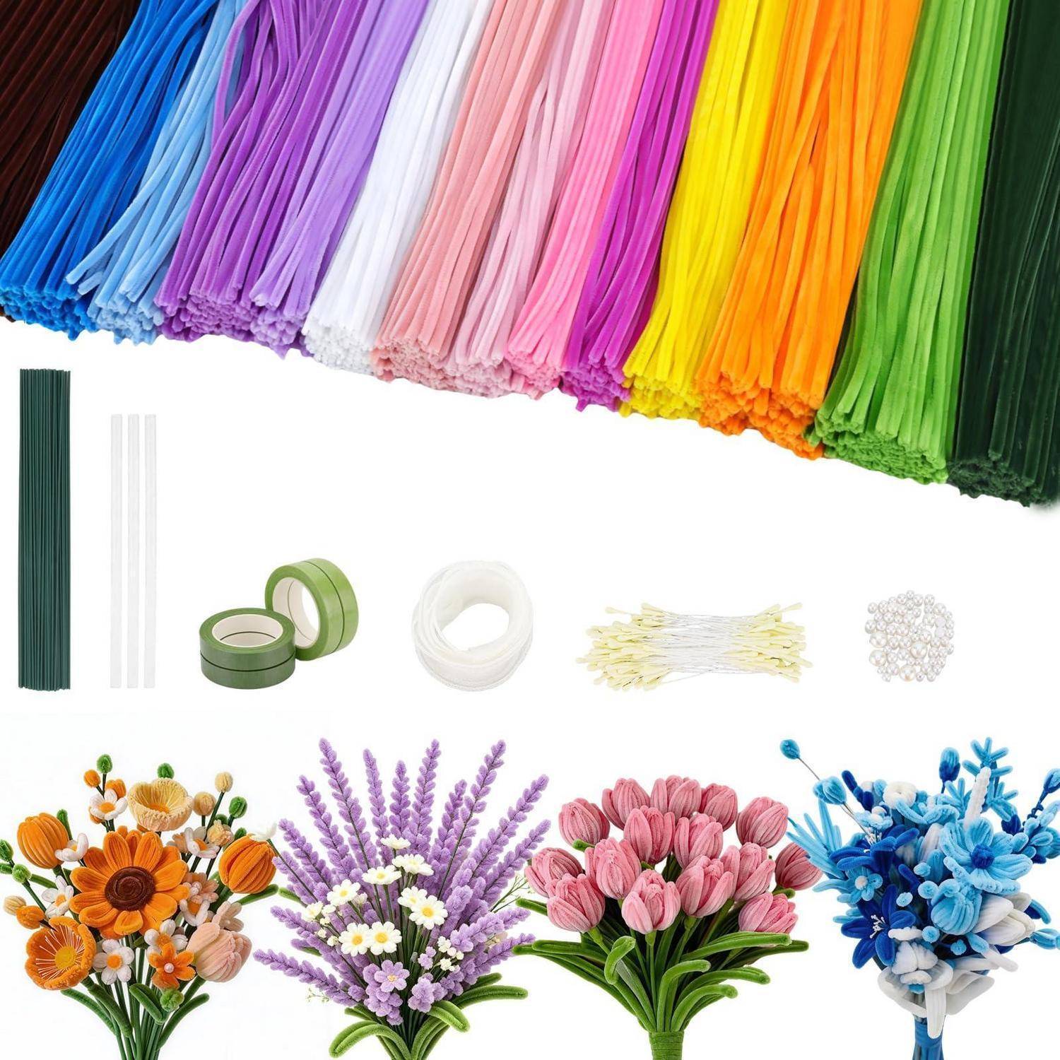 Farbenfrohe Blumendekoration-Bastelset mit verschiedenen Papierstielen, Klebeband, Draht und fertig arrangierten Blumensträußen in Orange, Violett, Rosa und Blau.