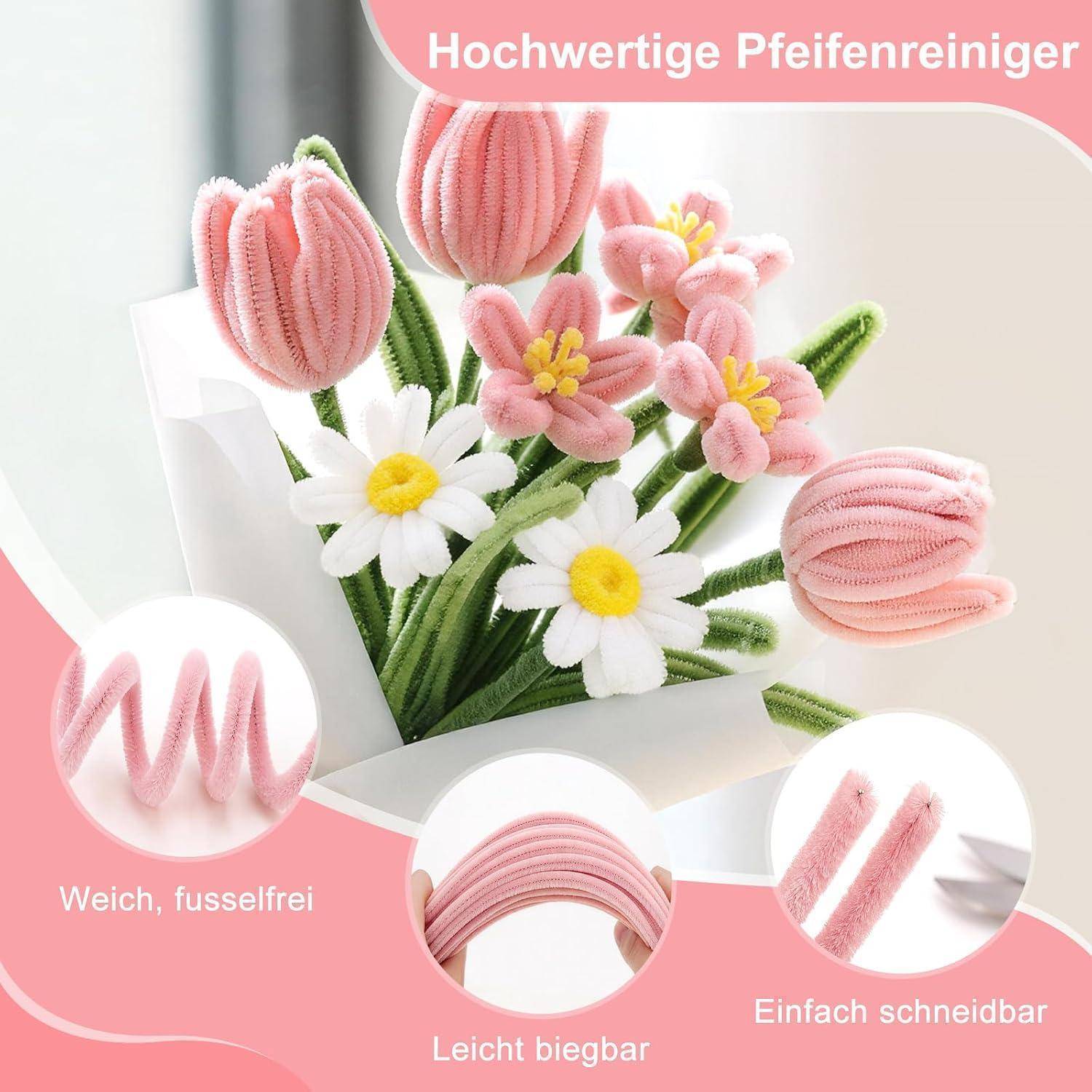 Rosa Chenille-Pfeifenreiniger als Blumen angeordnet, beschriftet mit „Hochwertige Pfeifenreiniger