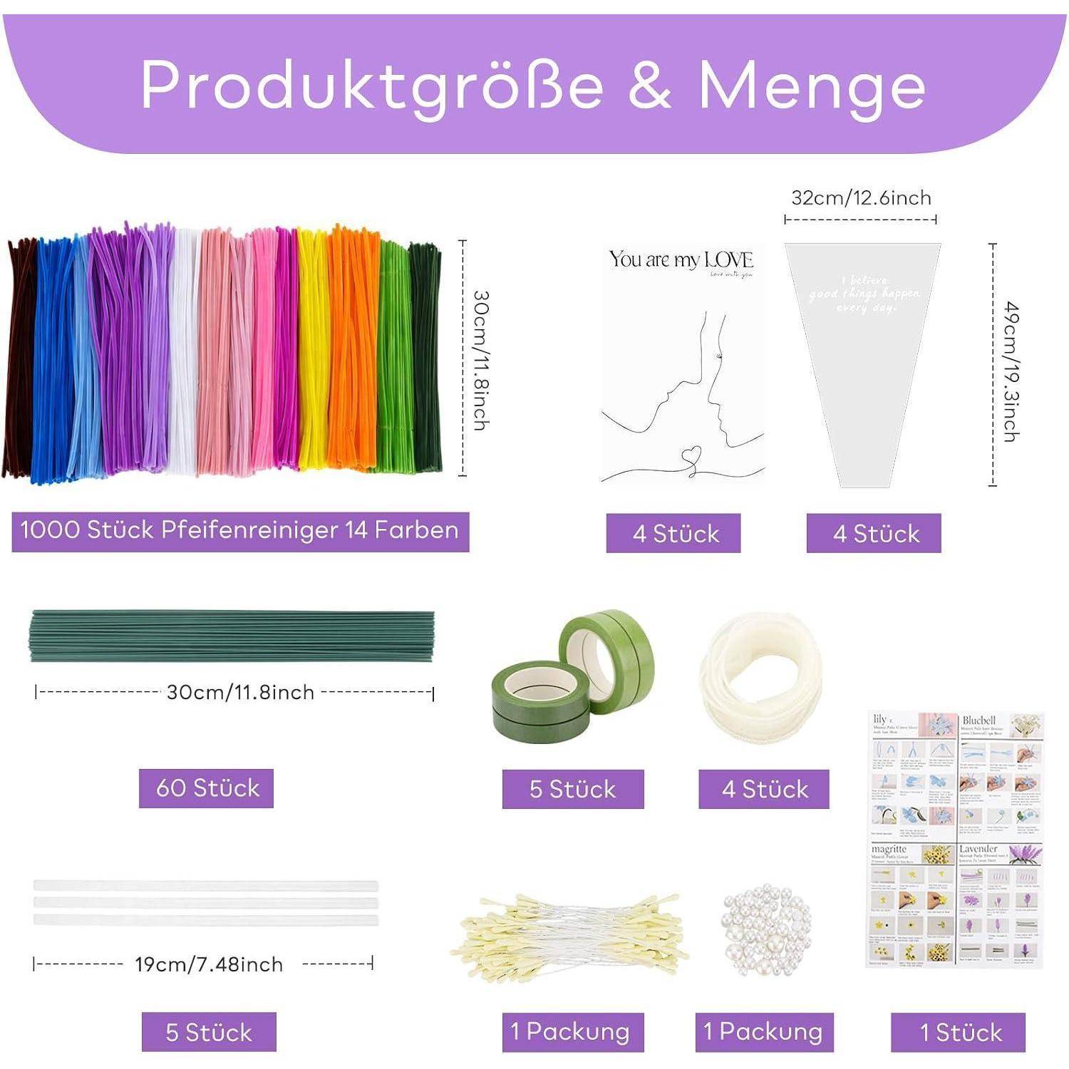 Produktgröße- und Mengentabelle mit Pfeifenreinigern und Bastelbedarf mit gekennzeichneten Abmessungen und Anzahl, einschließlich 1.000 mehrfarbiger Pfeifenreiniger und mehrerer kleinerer Packungen.