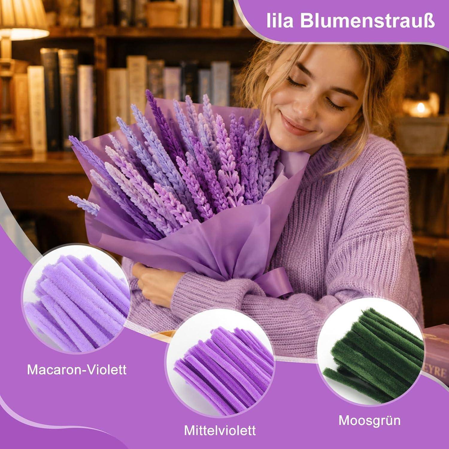 Frau in einem Lavendelpullover hält einen Strauß aus lila Blumen in einem Geschäft; Farbmuster beschriftet mit „Lila Blumenstrauß
