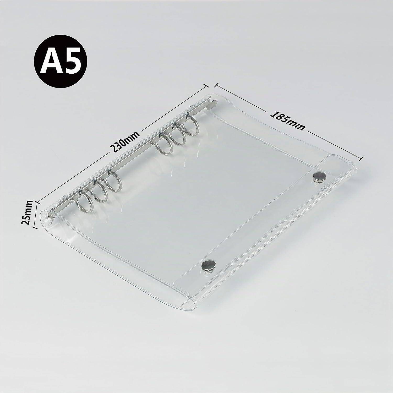 A5 transparente Kunststoffspiralblock-Abdeckung, gekennzeichnet mit 230mm x 185mm und 25mm Dicke, gezeigt mit Metallringen und Druckknopfverschlüssen.