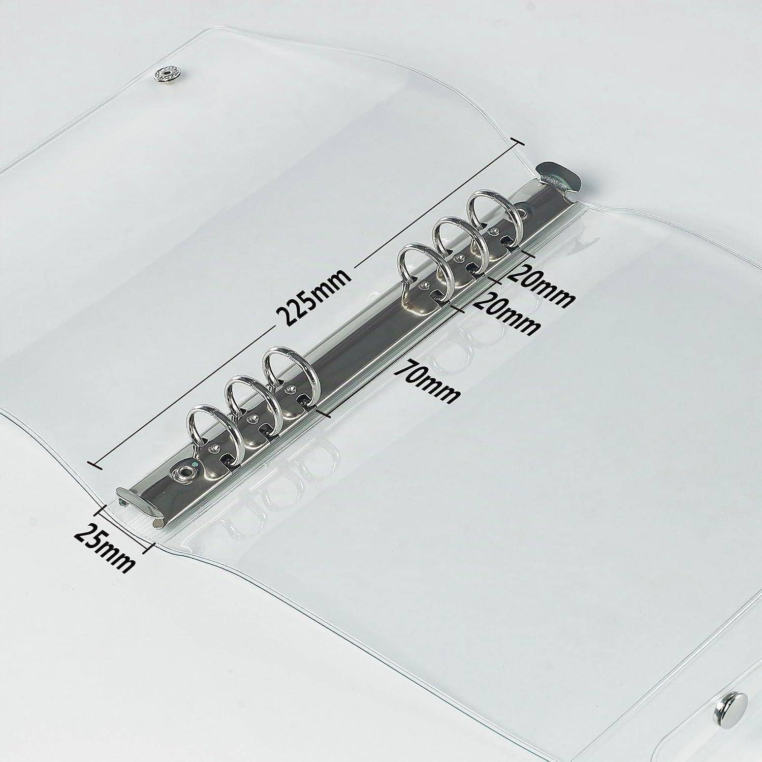 Transparente Bindehülle mit sechsringigem Metallrücken; beschriftete Abmessungen zeigen 225 mm Länge, 70 mm Breite, 25 mm, 20 mm und 20 mm Messungen.