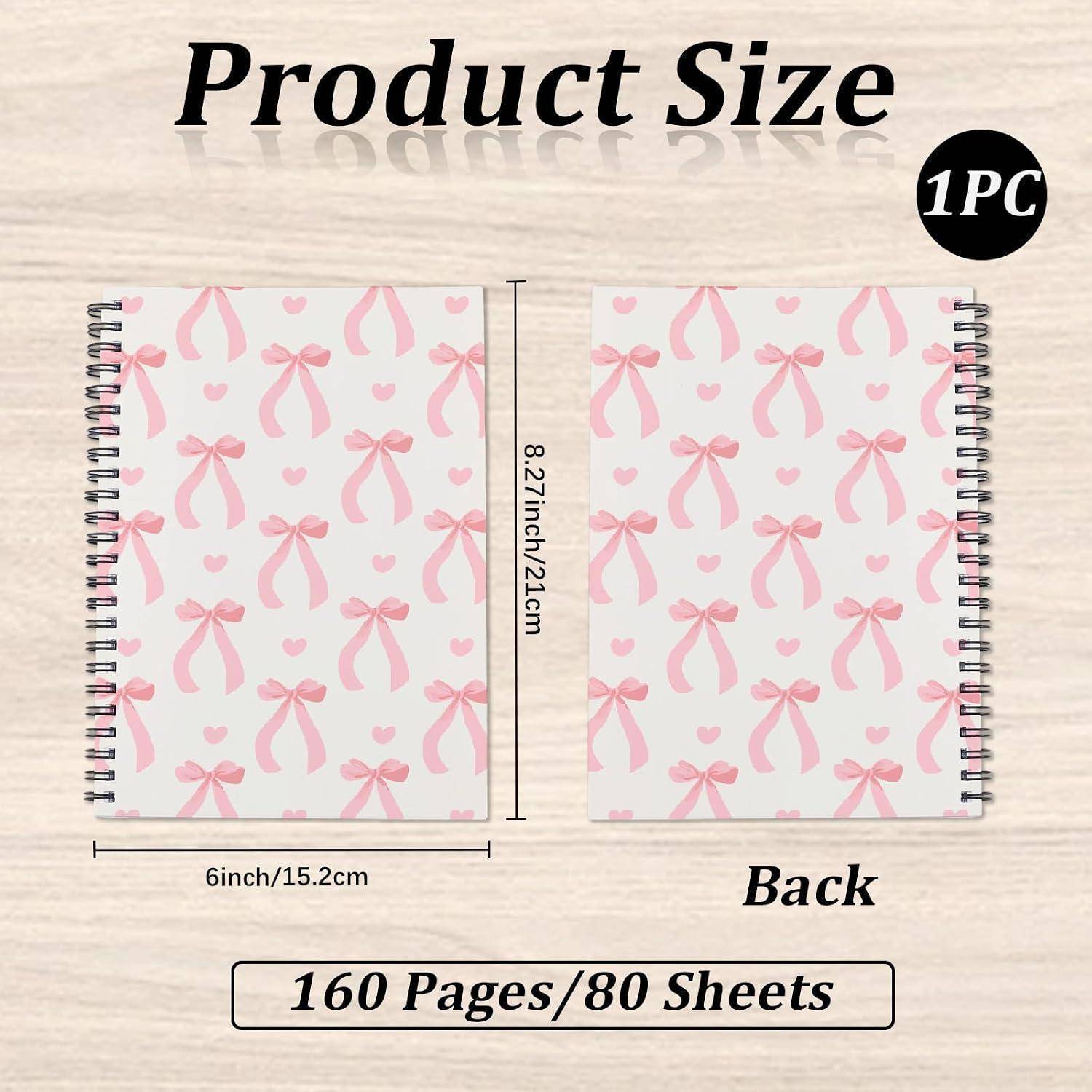Größendiagramm eines Spiralnotizbuchs mit rosa Schleifencover, das Vorder- und Rückseite zeigt, 6 x 8,27 Zoll, 160 Seiten/80 Blatt, 1 Stück.