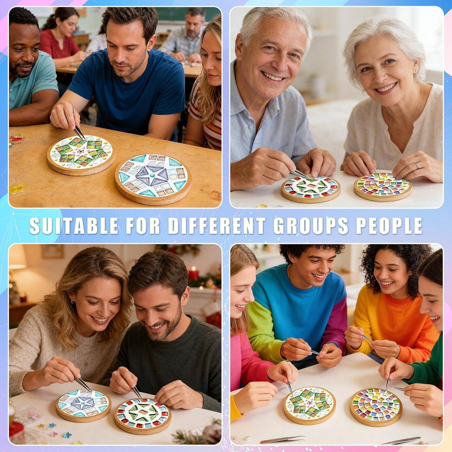 Collage zeigt Menschen verschiedener Altersgruppen und Gruppen, die zusammen bunte runde Mosaik-Stil-Handwerkscheiben anmalen, mit der Beschriftung „GEEIGNET FÜR VERSCHIEDENE GRUPPEN VON MENSCHEN".