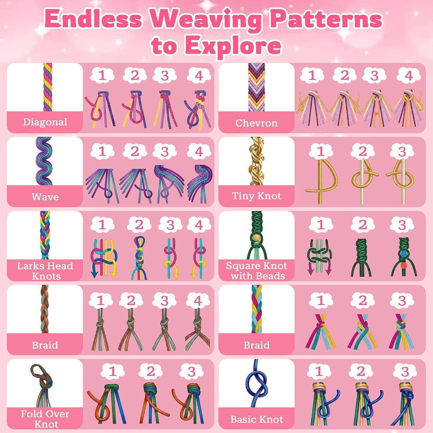 Infografik mit dem Titel „Endlose Webmuster zum Erkunden" zeigt Schritt-für-Schritt-Anleitungen für 10 Knoten- und Flechtmuster, einschließlich Diagonal-, Chevron-, Wellen-, kleiner Knoten-, Lärchenkopf-, Quadratknoten mit Perlen-, Flecht-, Umschlagknoten- und Grundknoten.