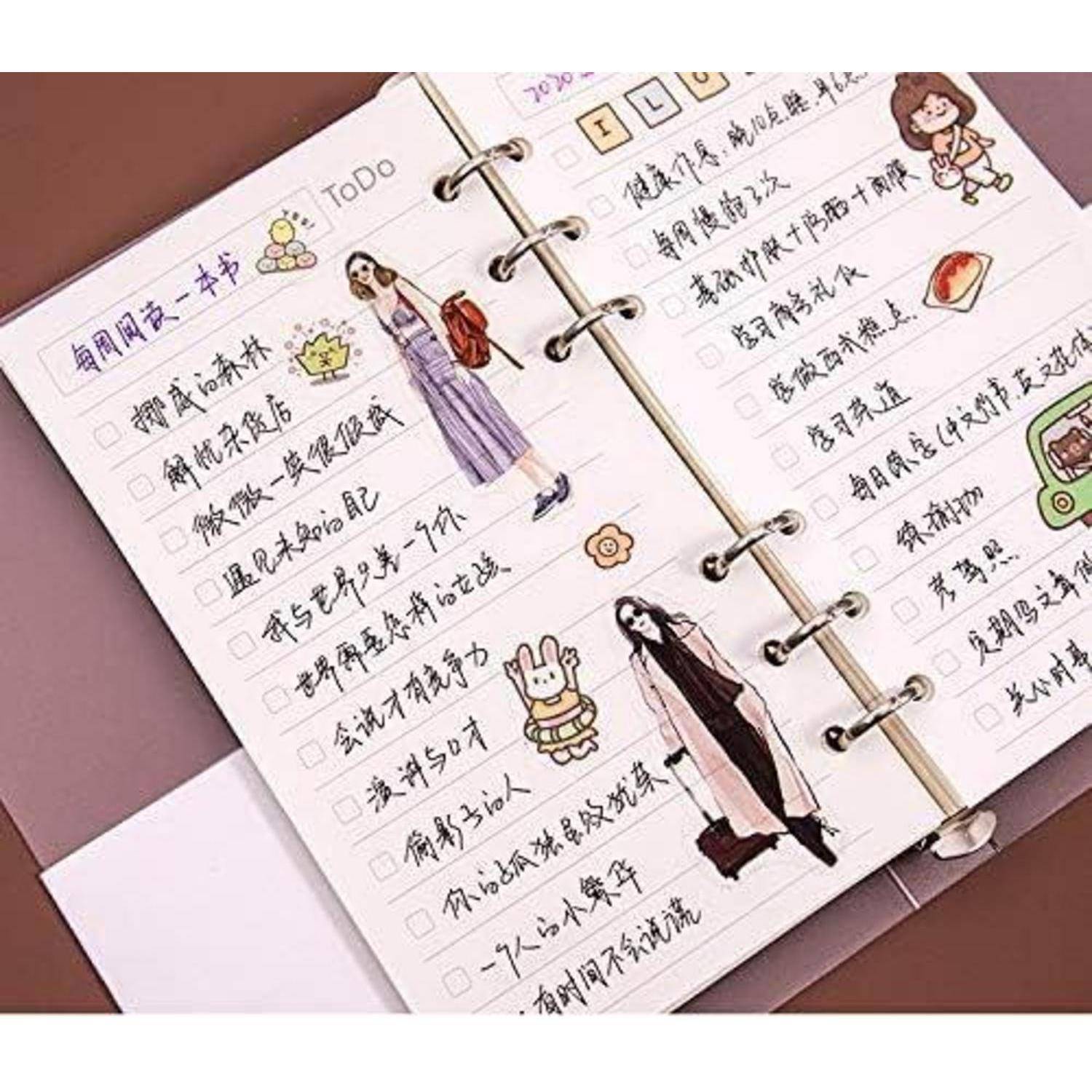 Aufgeschlagenes Ringbuch-Planer mit handschriftlichen chinesischen To-Do-Listen und Gekritzel, einschließlich illustrierter Frauen und kleiner Symbole.