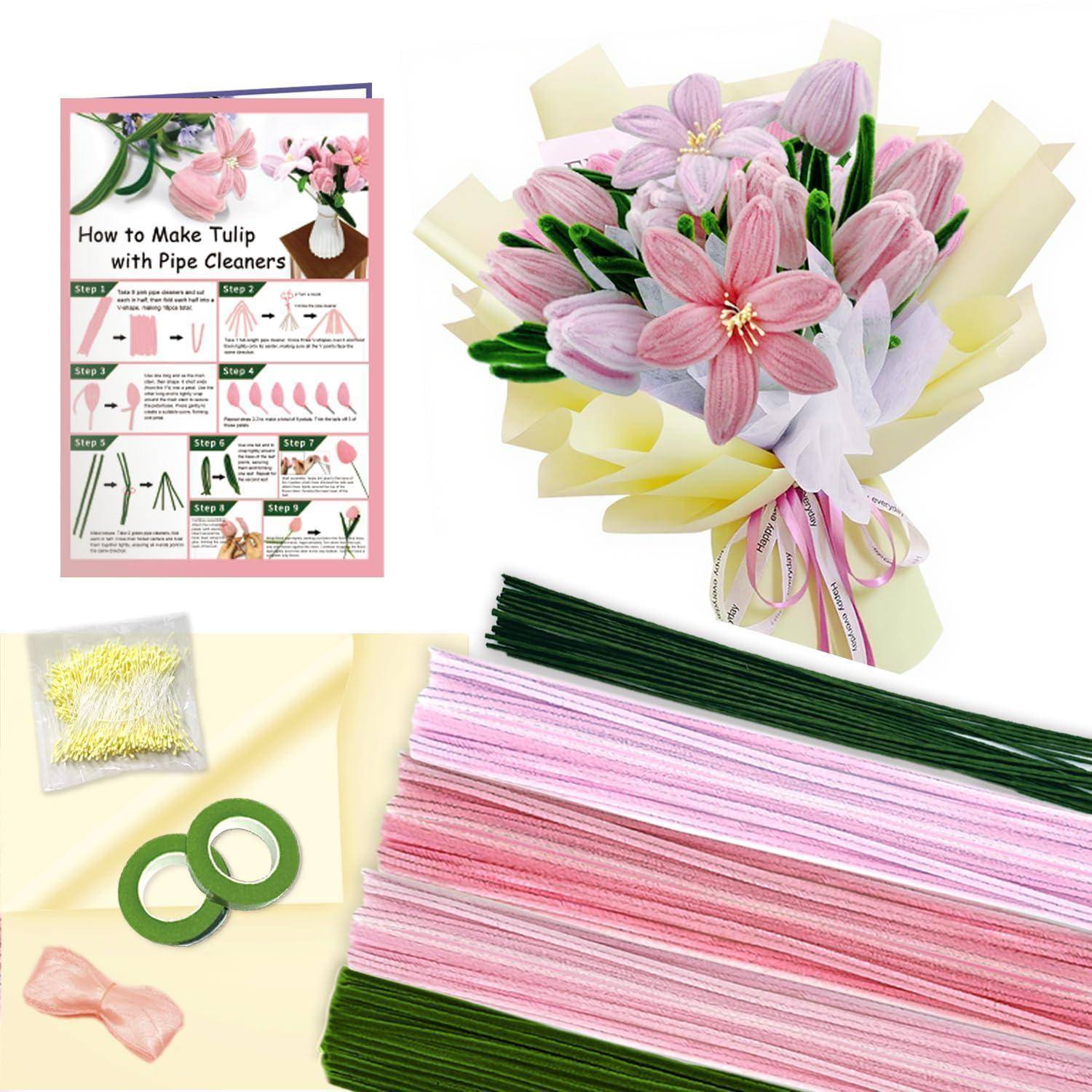 Anleitungsbild zum Herstellen von Tulpen aus Pfeifenreinigern mit Schritt-für-Schritt-Anleitung, fertigem rosa Strauß und benötigten Materialien.