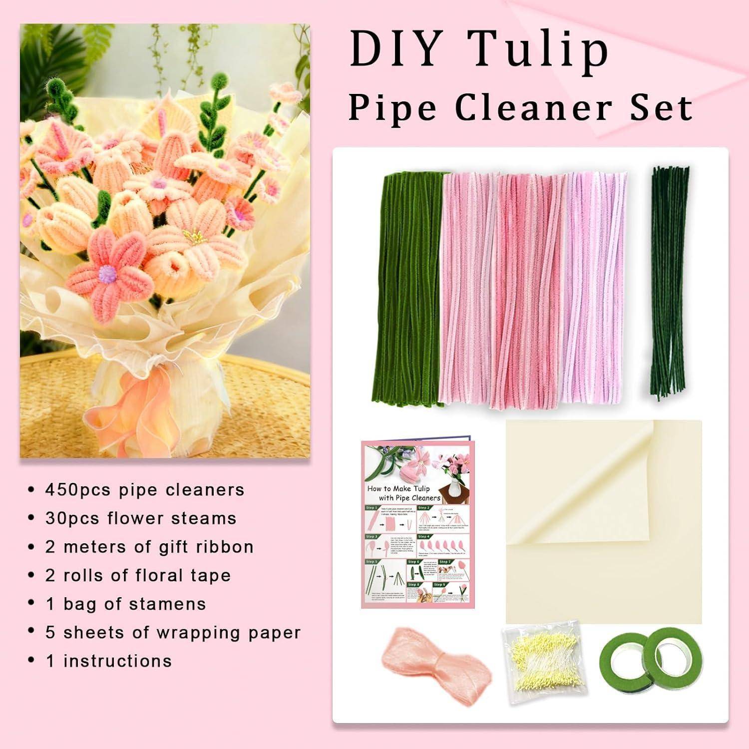 DIY Tulpen-Pfeifenreiniger-Set Plakat mit einer Blumenstrauß-Probe und enthaltenen Materialien: Pfeifenreiniger, Blütenstiele, Band, Floristiktape, Staubgefäße, Geschenkpapier und Anleitung.