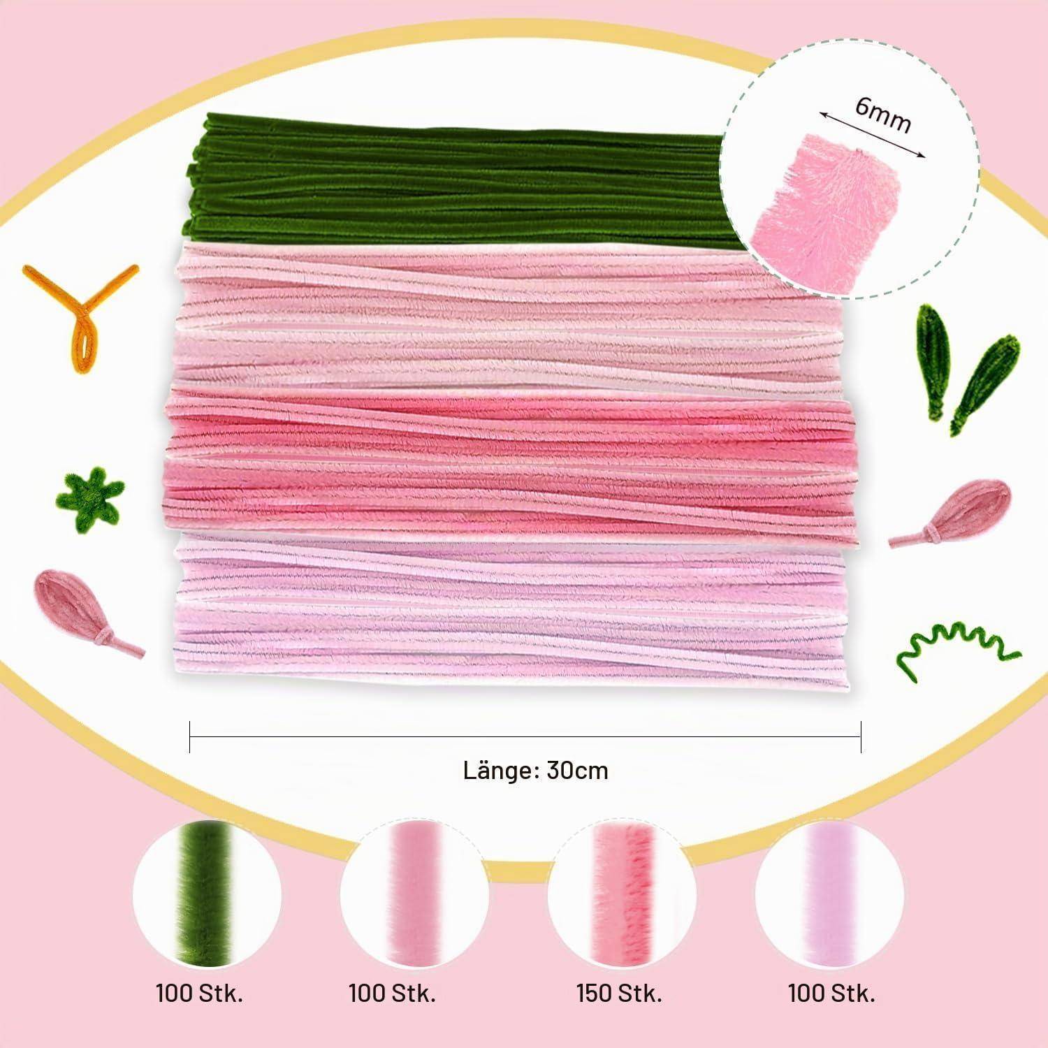 Bastelset-Bild mit sortiertem rosa und grünem Chenilledraht, 30 cm lang und 6 mm breit, mit aufgelisteten Mengen nach Farbe.