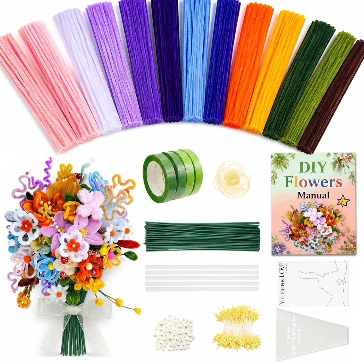 DIY-Blumenbastlungsset mit assorierten farbigen Stielen, grünem Floristenband, Draht, Perlen, Strauß-Beispiel und „DIY-Blumen