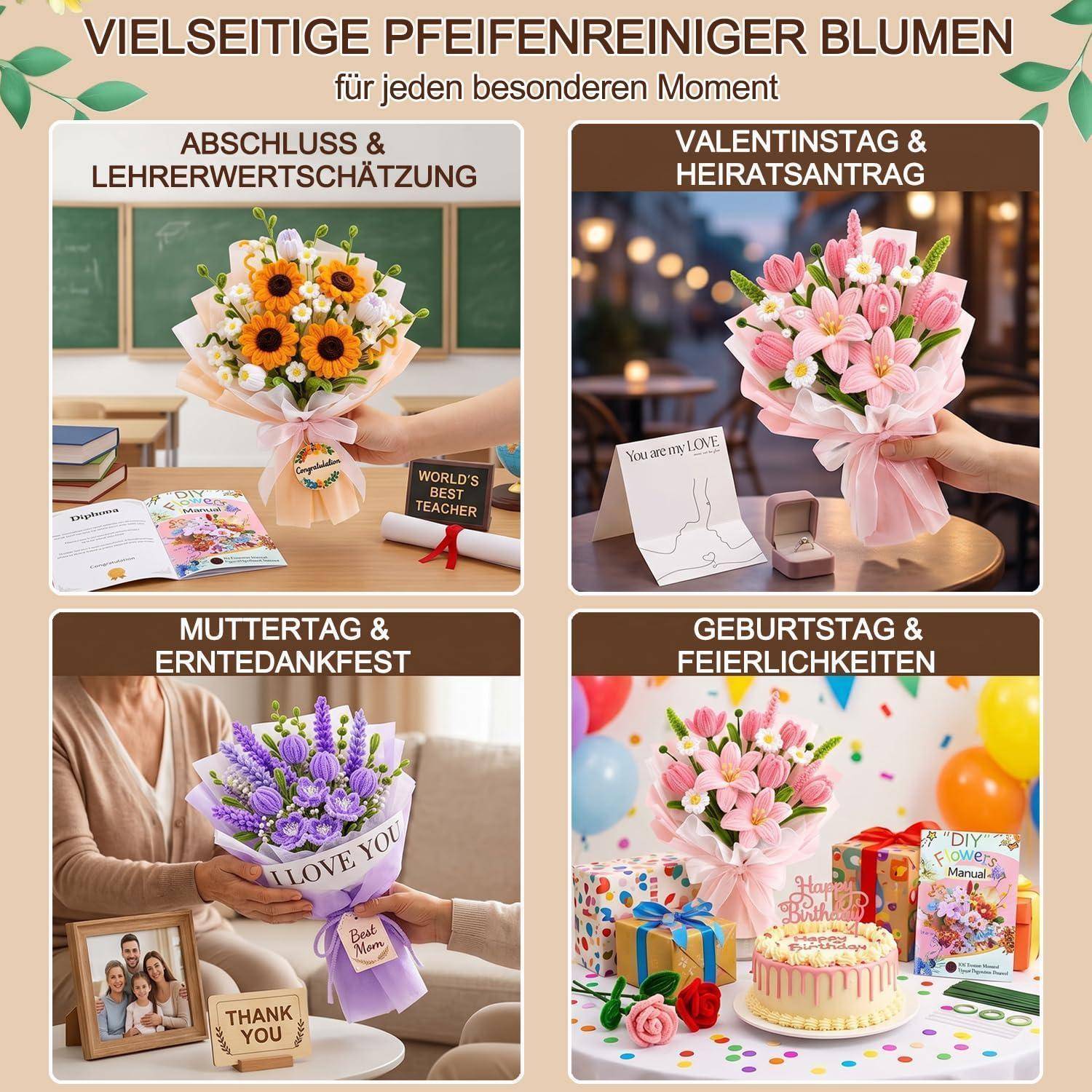 Werbekollagen vielseitiger handgefertigter Blumensträuße für verschiedene Anlässe: Abschluss/Lehrerwertschätzung, Valentinstag/Verlobung, Muttertag/Erntedankfest und Geburtstage/Feierlichkeiten.