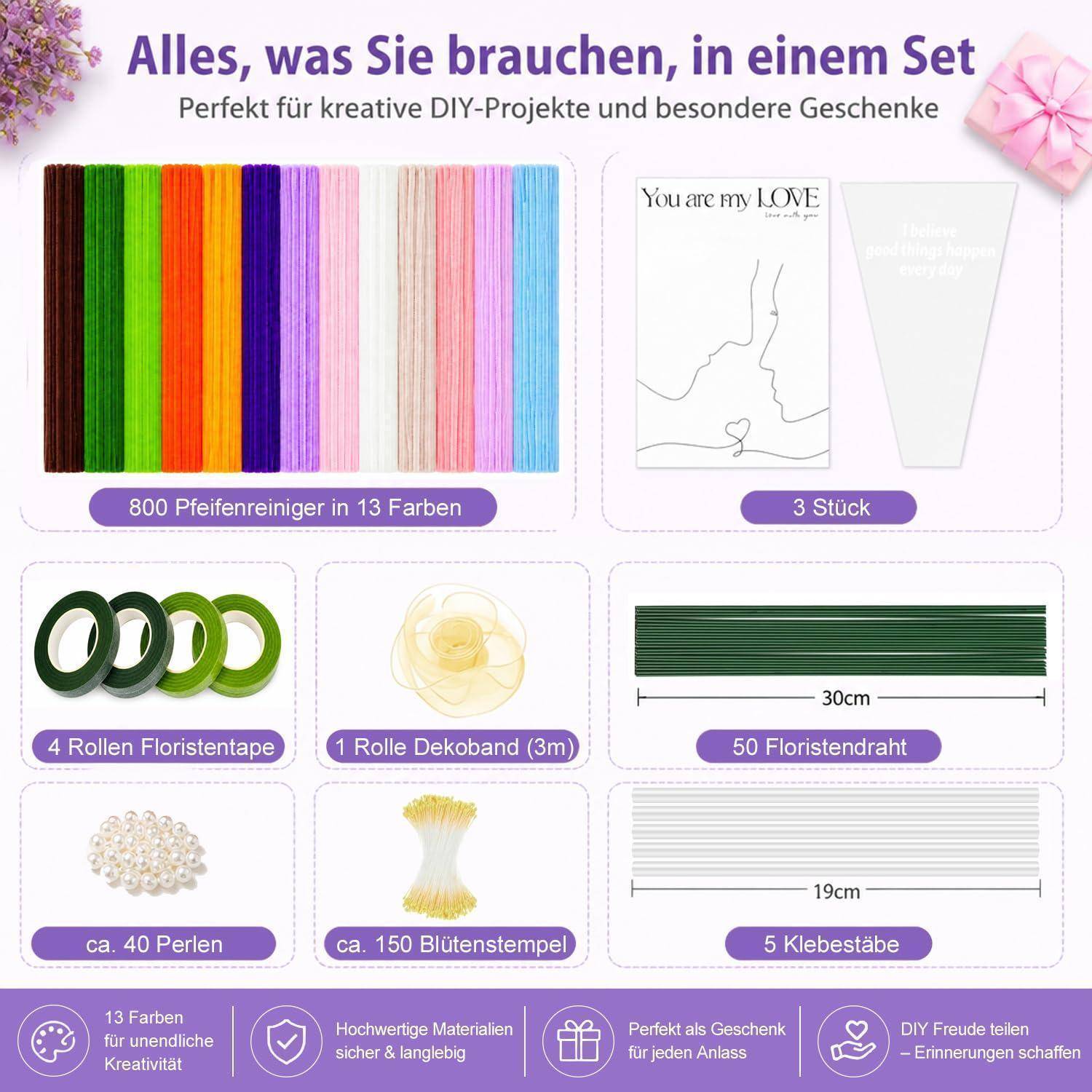 800 Stück Pfeifenreiniger Blumen Set, 13 Farben Pfeifenputzer zum Basteln, mit einer Vielzahl an Zubehör & Video-Anleitungen, Pipe Cleaner Bastelset