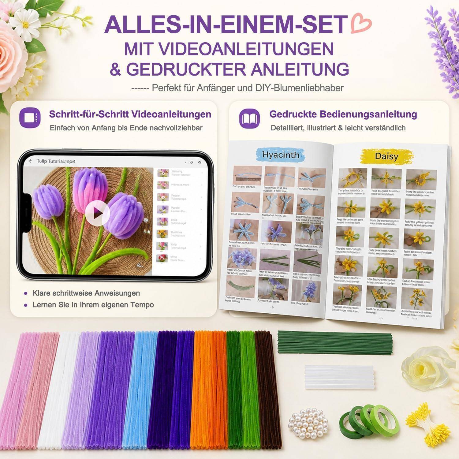 Werbebild für ein Blumenbastlerset mit Schritt-für-Schritt-Video und gedruckten Anweisungen, das ein Telefon-Tutorial, ein Anleitungsheft und bunte Bastelmaterialien zeigt.