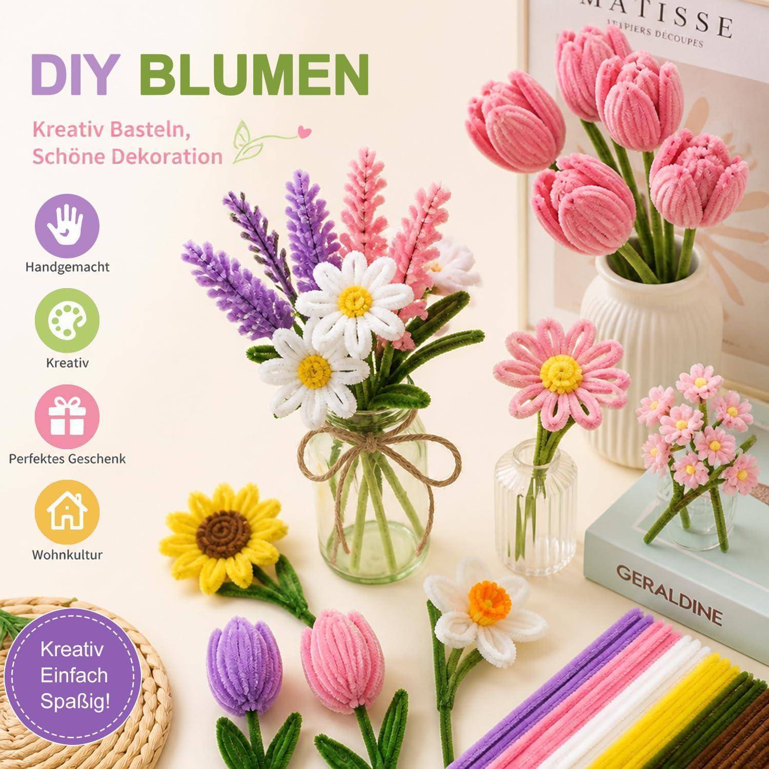 800 Stück Pfeifenreiniger Blumen Set, 13 Farben Pfeifenputzer zum Basteln, mit einer Vielzahl an Zubehör & Video-Anleitungen, Pipe Cleaner Bastelset