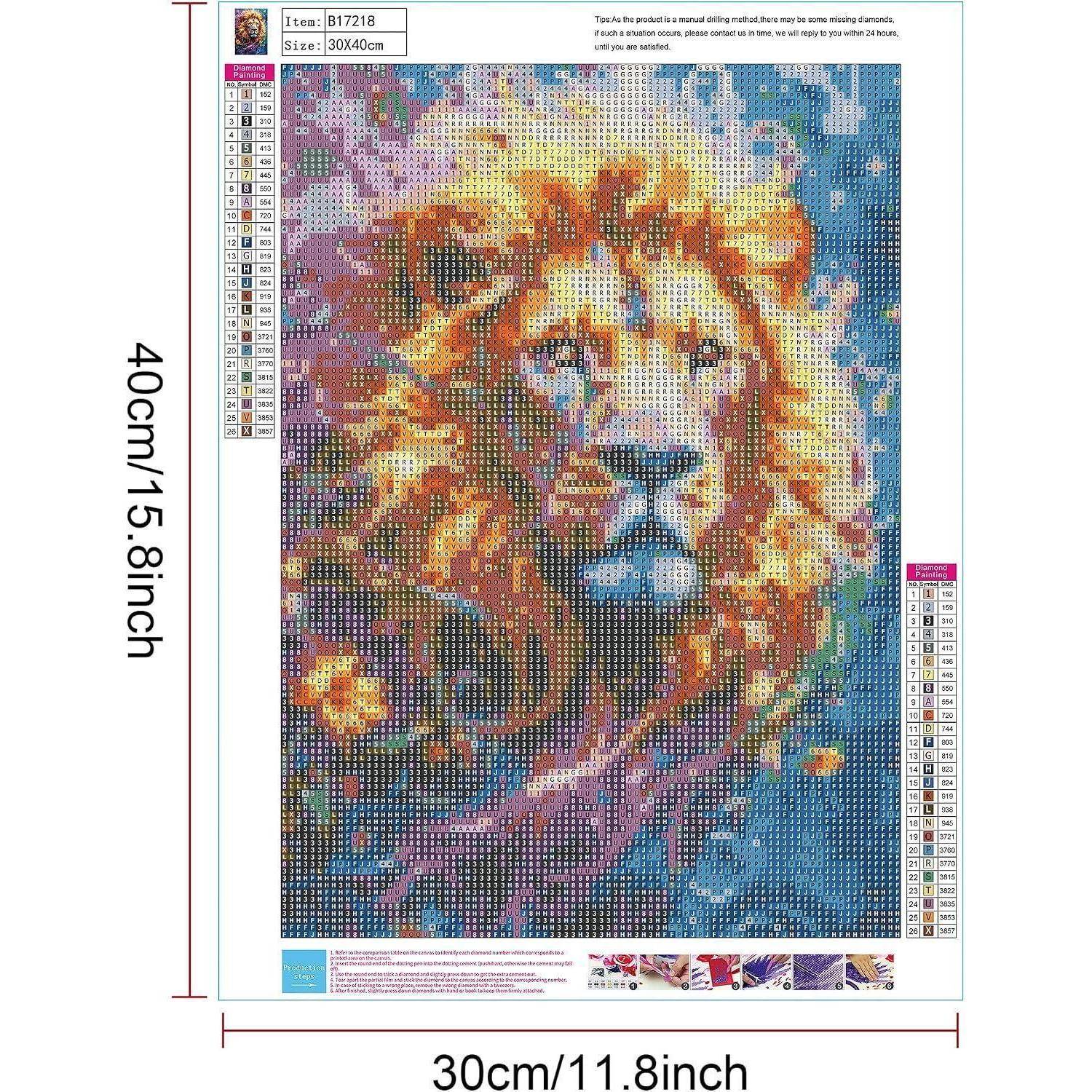 Diamond-Painting-Set mit einem farbenfrohen Löwenporträt auf einer 30 cm x 40 cm großen Leinwand, mit Farbcodierungstabellen und Größenmarkierungen.