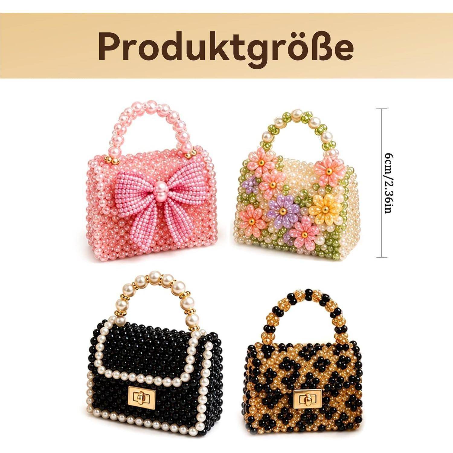 Produktgrößenbild mit vier Perlen-Handtasche-Designs in Rosa, Blumenmuster, Schwarz und Beige/Schwarz, mit einer Höhe von 6 cm (2,36 Zoll).