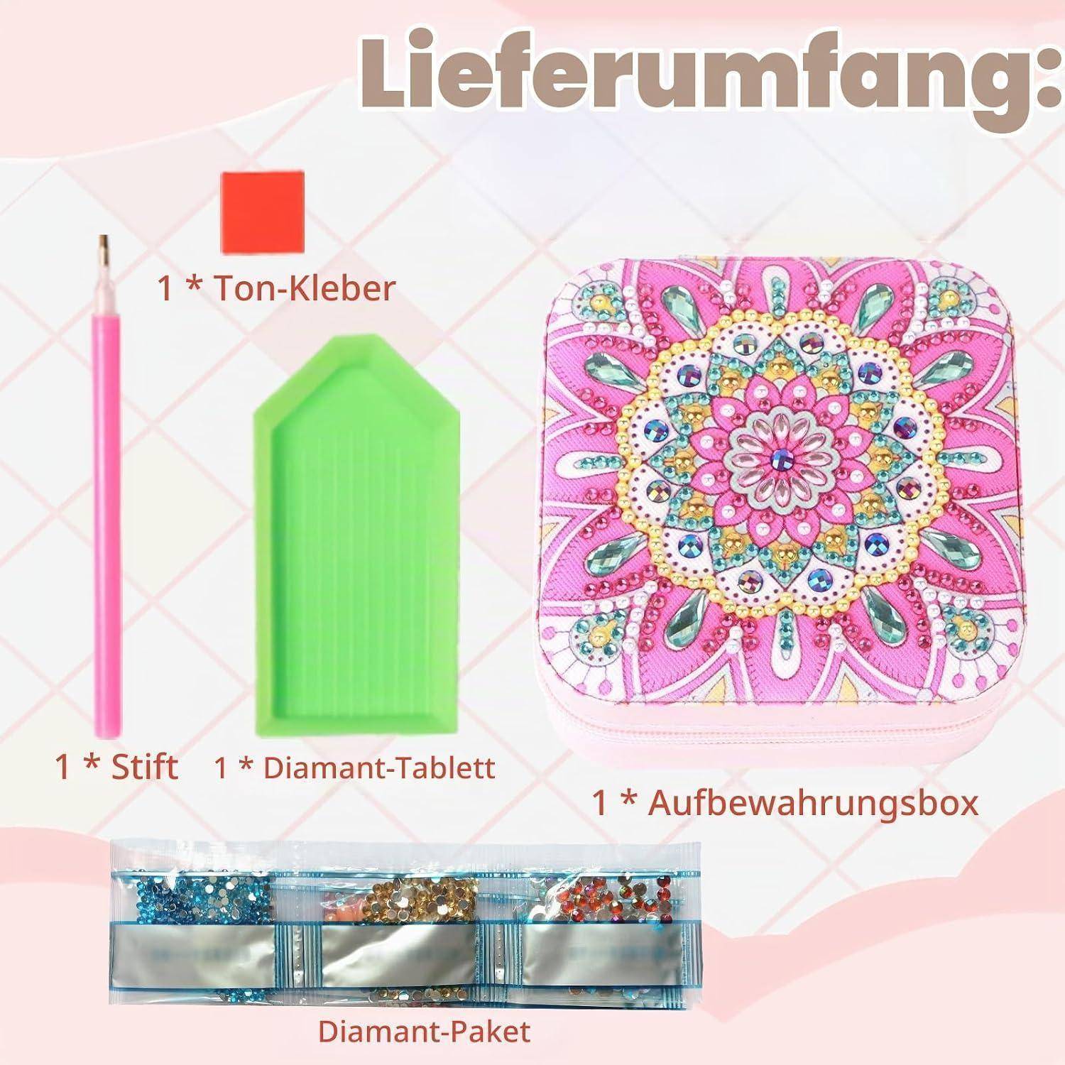 Inhalte des Diamond-Painting-Sets: Stift, rote Tonmasse, grünes Diamond-Tablett, dekorative Aufbewahrungsbox und Diamond-Päckchen.