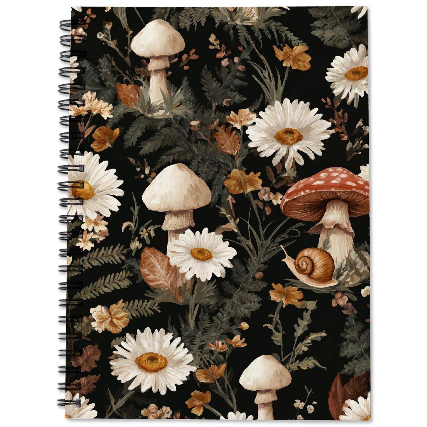 Notizbuchumschlag mit floralem Pilzmuster mit weißen Gänseblümchen, beigen Pilzen und einer Schnecke auf schwarzem Hintergrund
