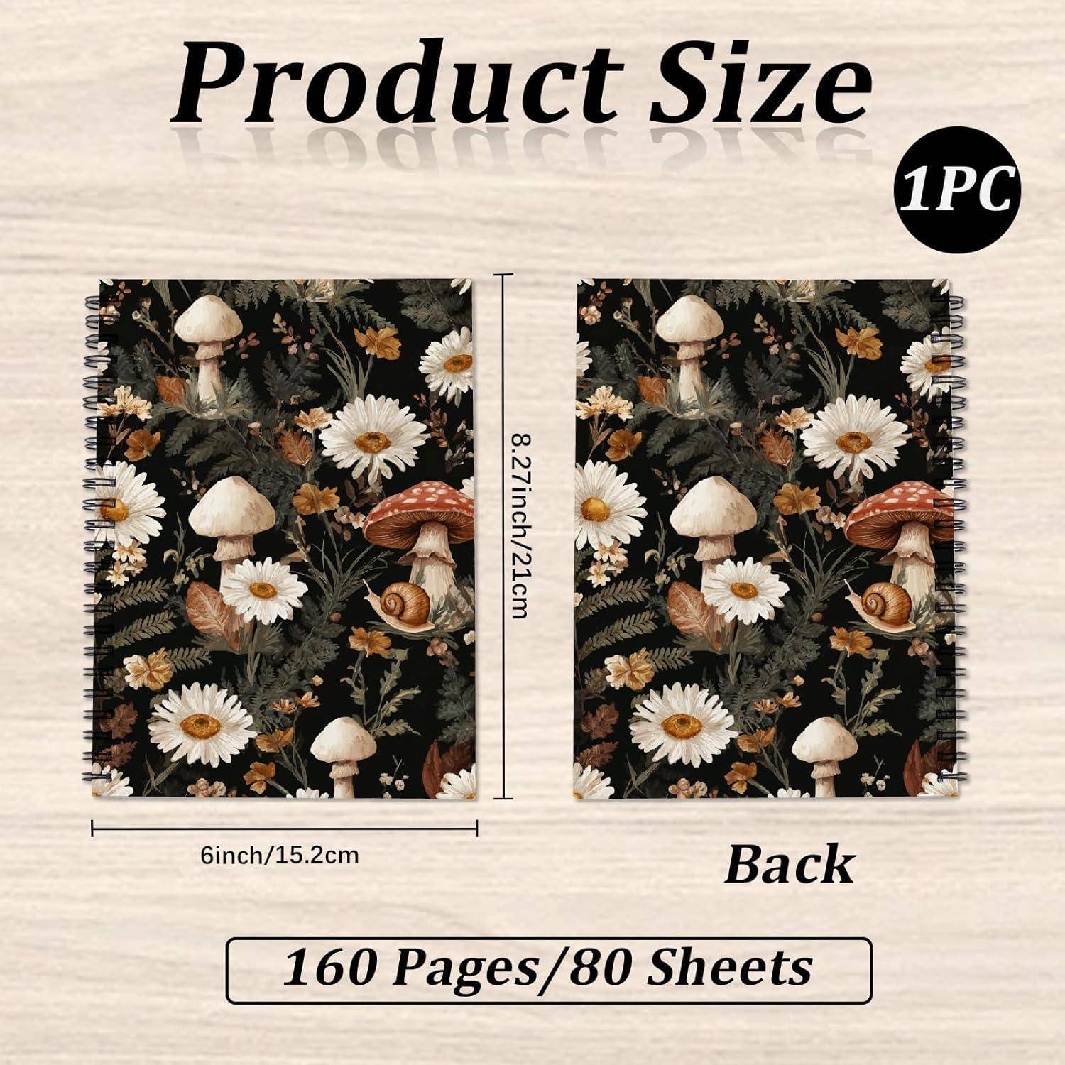Größentabelle für ein Spiralhefte: 6 x 8,27 Zoll (15,2 x 21 cm), 160 Seiten/80 Blatt, Vorder- und Rückseite mit Blumen-Pilz-Umschlag
