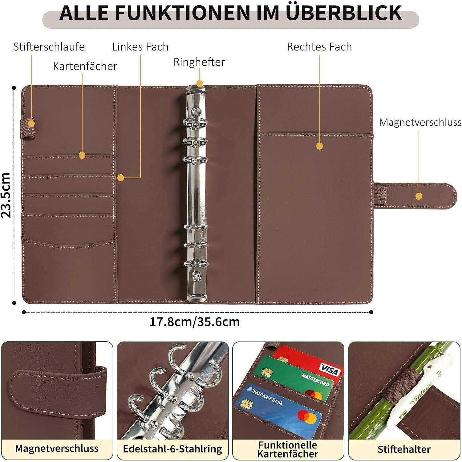 Diagramm eines braunen Ringordners mit der Beschriftung 'ALLE FUNKTIONEN IM ÜBERBLICK', das die Stiftschlaufe, Kartenfächer, linke und rechte Fachteile, den 6-Ring-Mechanismus, den Magnetverschluss und die Abmessungen von 23,5 cm x 35,6 cm zeigt.