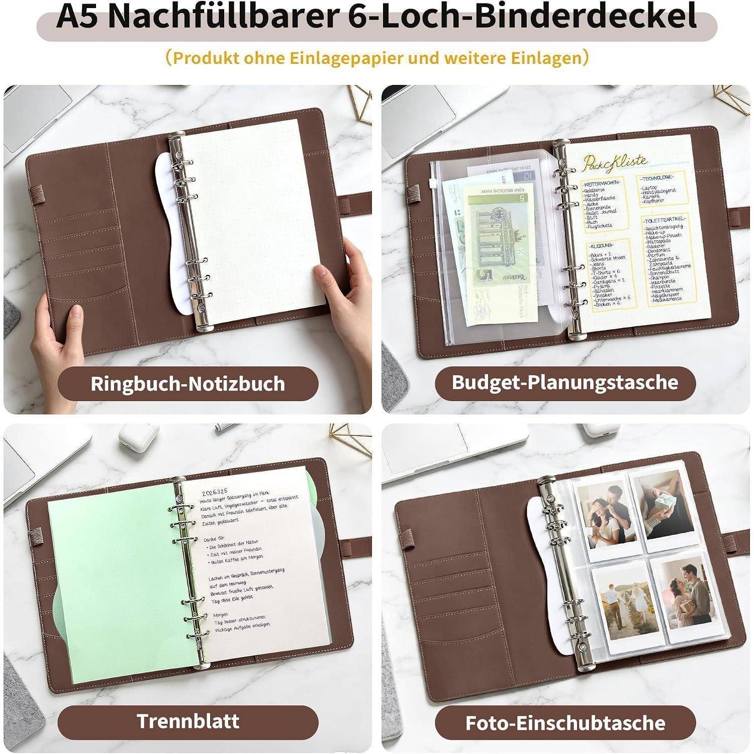 A5-Ringbuchumschlag mit nachfüllbarem 6-Ring-System, gezeigt in vier Verwendungen: Notizbuch, Budgetplaner, Trennblatt und Fotohülle, mit braunem Umschlag und Ringbindung.