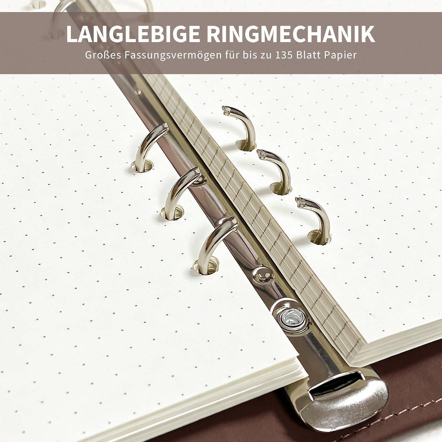 Nahaufnahme eines Ringbindermechanismus, der punktiertes Papier hält, mit deutschem Text „LANGLEBIGE RINGMECHANIK