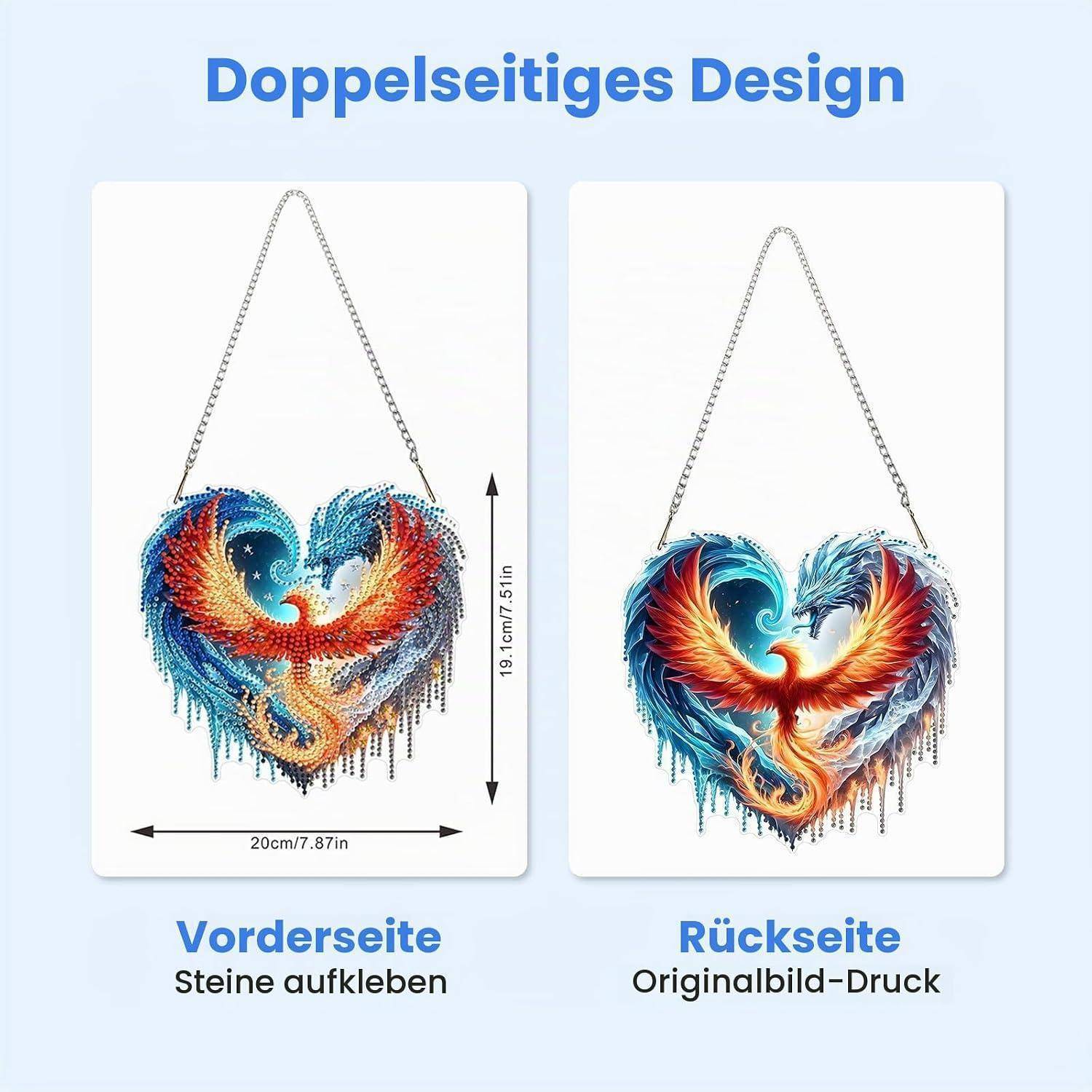 Vergleichsgrafik einer herzförmigen Phönix-Wanddekoration, die die Vorderseite mit aufgebrachten Steinen und die Rückseite mit originalem Druck zeigt, Größe 20 cm x 19,1 cm.