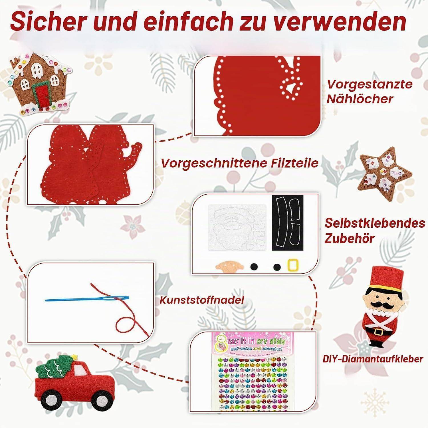 TZEKING 12 Stück Nähset Kinder,Weihnachten Nähhandwerk Set mit Zubehör,Bastelset Weihnachten,Weihnachtshirsch,Bastelsets für Kinder,Kreatives Bas
