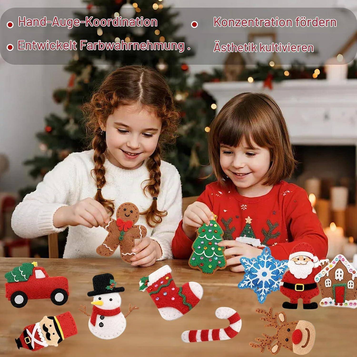 Zwei Kinder verzieren Lebkuchen-Ornamente an einem Tisch mit Weihnachtsbasteleien; deutscher Text hebt Hand-Auge-Koordination, Farbwahrnehmung, Konzentration und Ästhetik hervor.