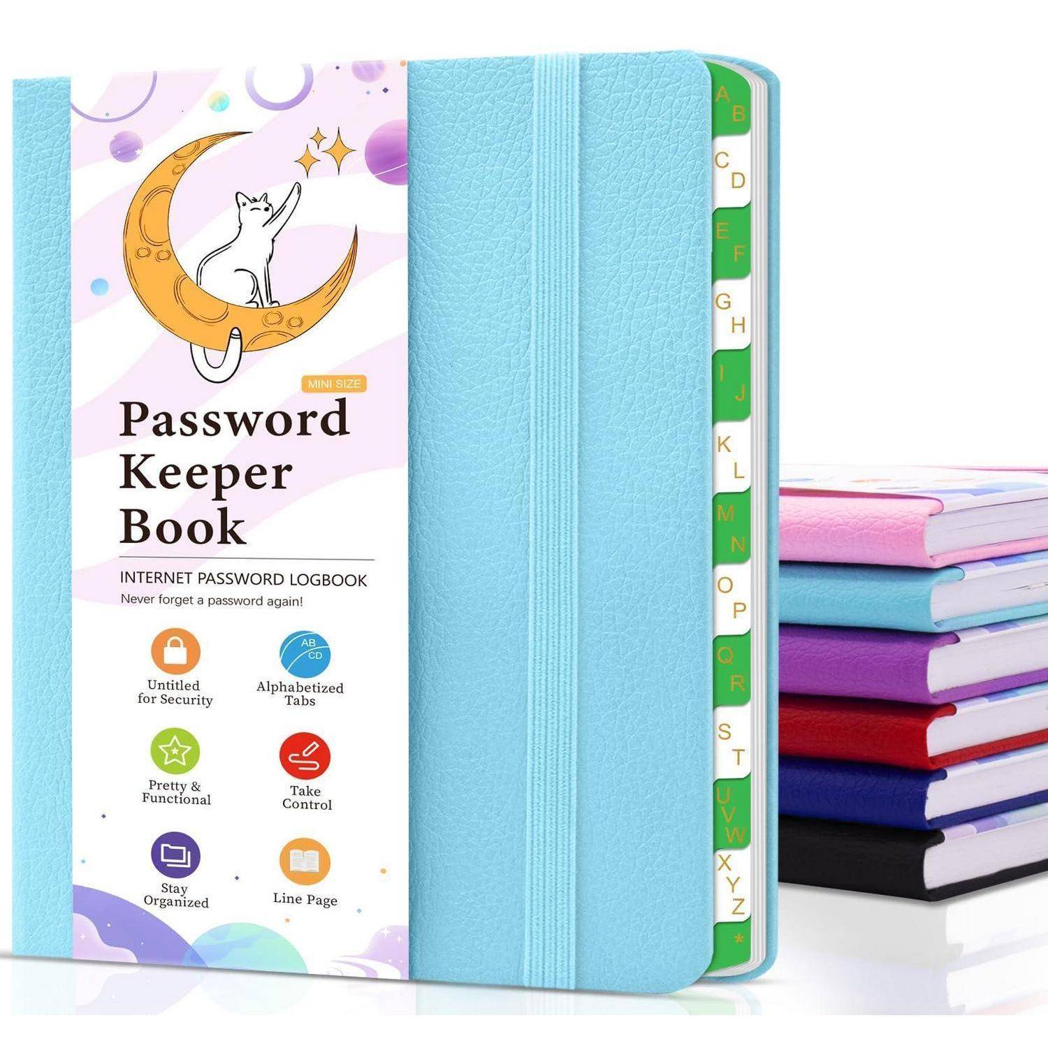 Hellblaues Passwortbuch mit alphabetisierten Registern und einem Einband mit der Aufschrift „Password Keeper Book