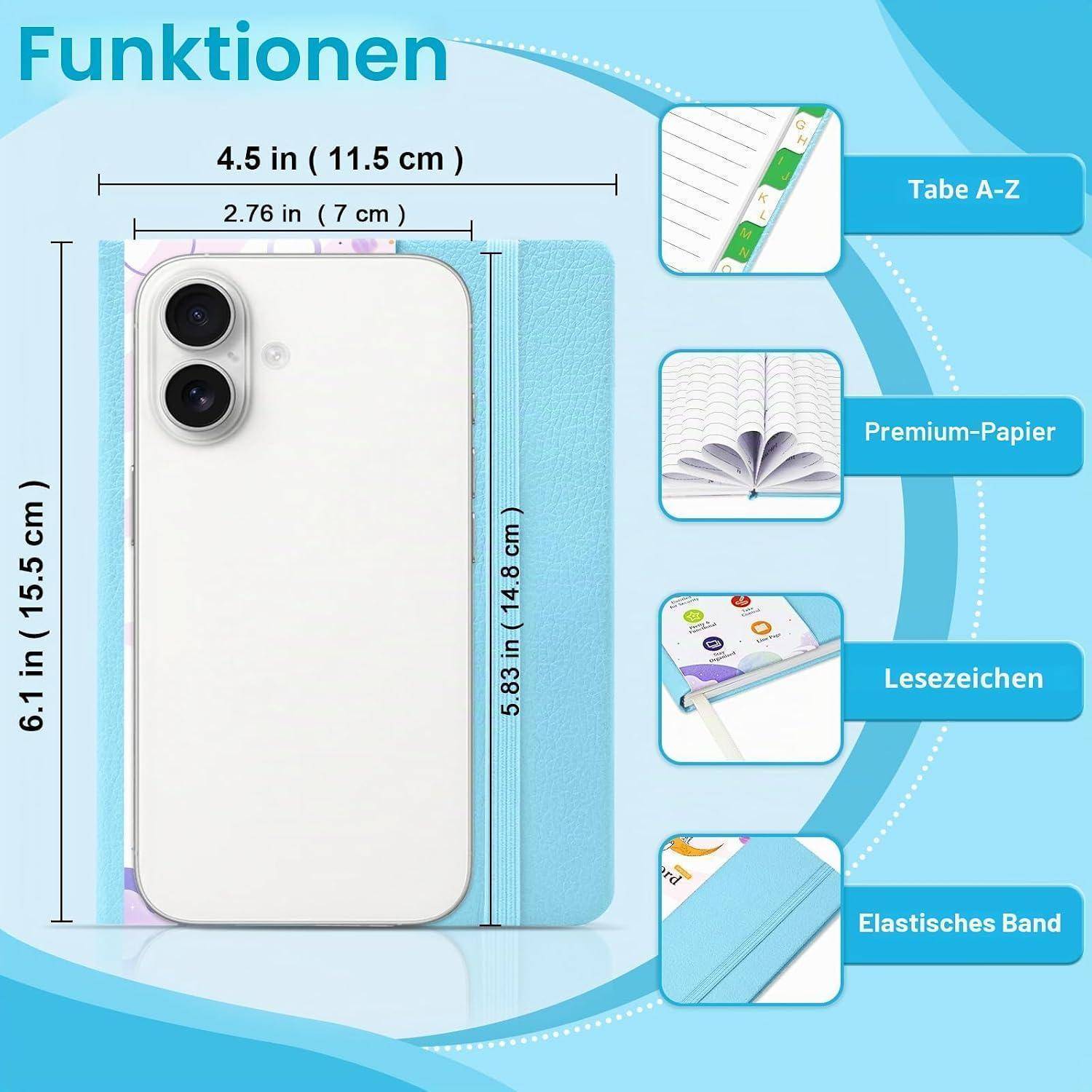 Grafik eines Notizbuches in Handygröße mit Abmessungen 6,1 Zoll x 4,5 Zoll, das folgende Merkmale zeigt: A-Z-Register, Premium-Papier, Lesezeichen und Gummiband.
